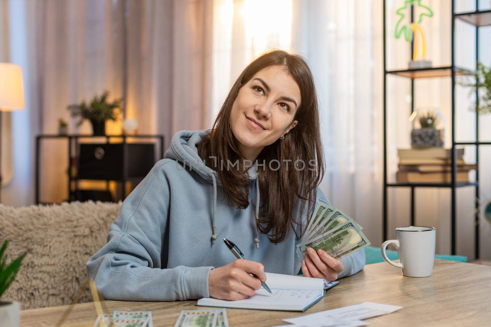 Focused young Caucasian woman making shopping list in notebook sitting at table on sofa looking at receipts and counting money in living room at home. Girl preparing notes for financial cost or budget