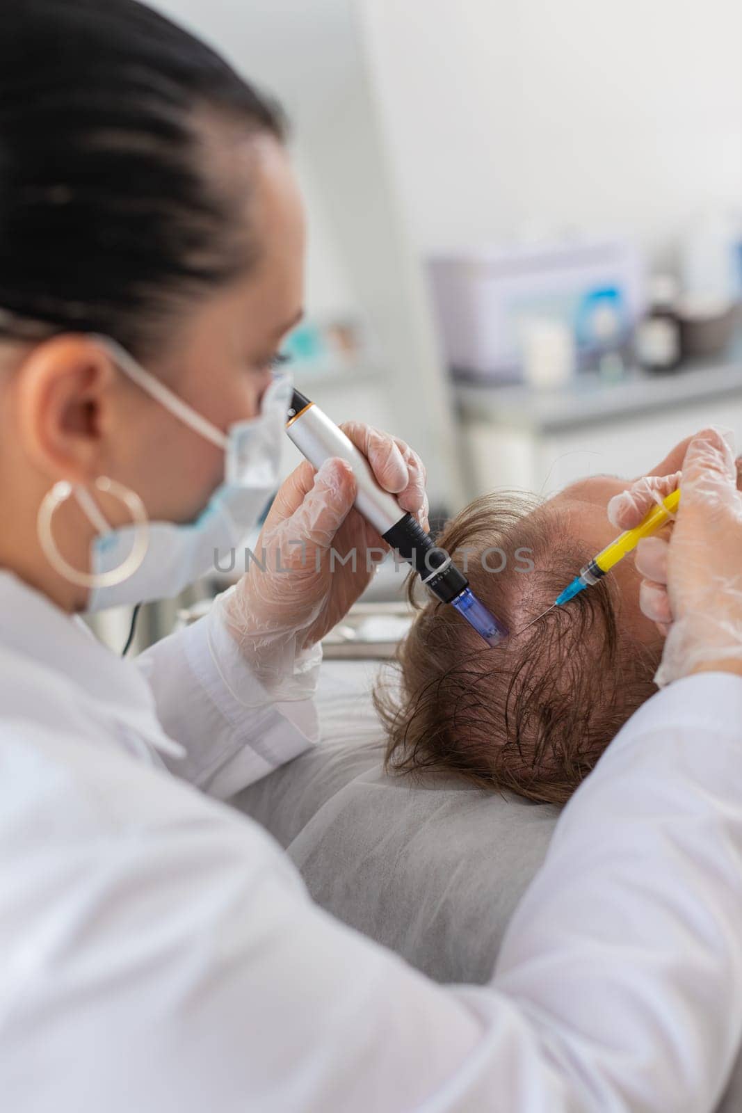 Alopecia. Man hair loss improve growth treatment regeneration, dermapen microneedling, vitamin exosomes plasma injections. Trichologist cosmetologist doctor head scalp procedure fractional mesotherapy