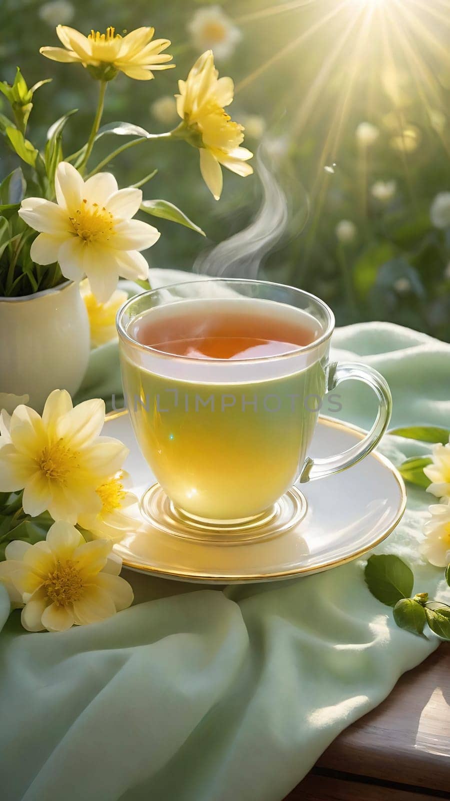 Morning Peace with a Cup of Tea. A peaceful scene featuring a mug filled with tea, placed on a soft white cloth. Delicate spring flowers with yellow centers surround the mug and add to the peaceful ambiance. The background is bathed in warm, golden sunlight, highlighting the lush greenery and more spring flowers. The steam slowly rising from the tea enhances the soothing and calming mood of the image.