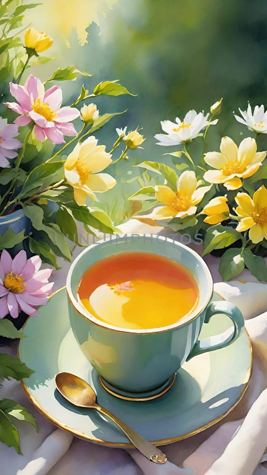 Morning Peace with a Cup of Tea. A peaceful scene featuring a mug filled with tea, placed on a soft white cloth. Delicate spring flowers with yellow centers surround the mug and add to the peaceful ambiance. The background is bathed in warm, golden sunlight, highlighting the lush greenery and more spring flowers. The steam slowly rising from the tea enhances the soothing and calming mood of the image.