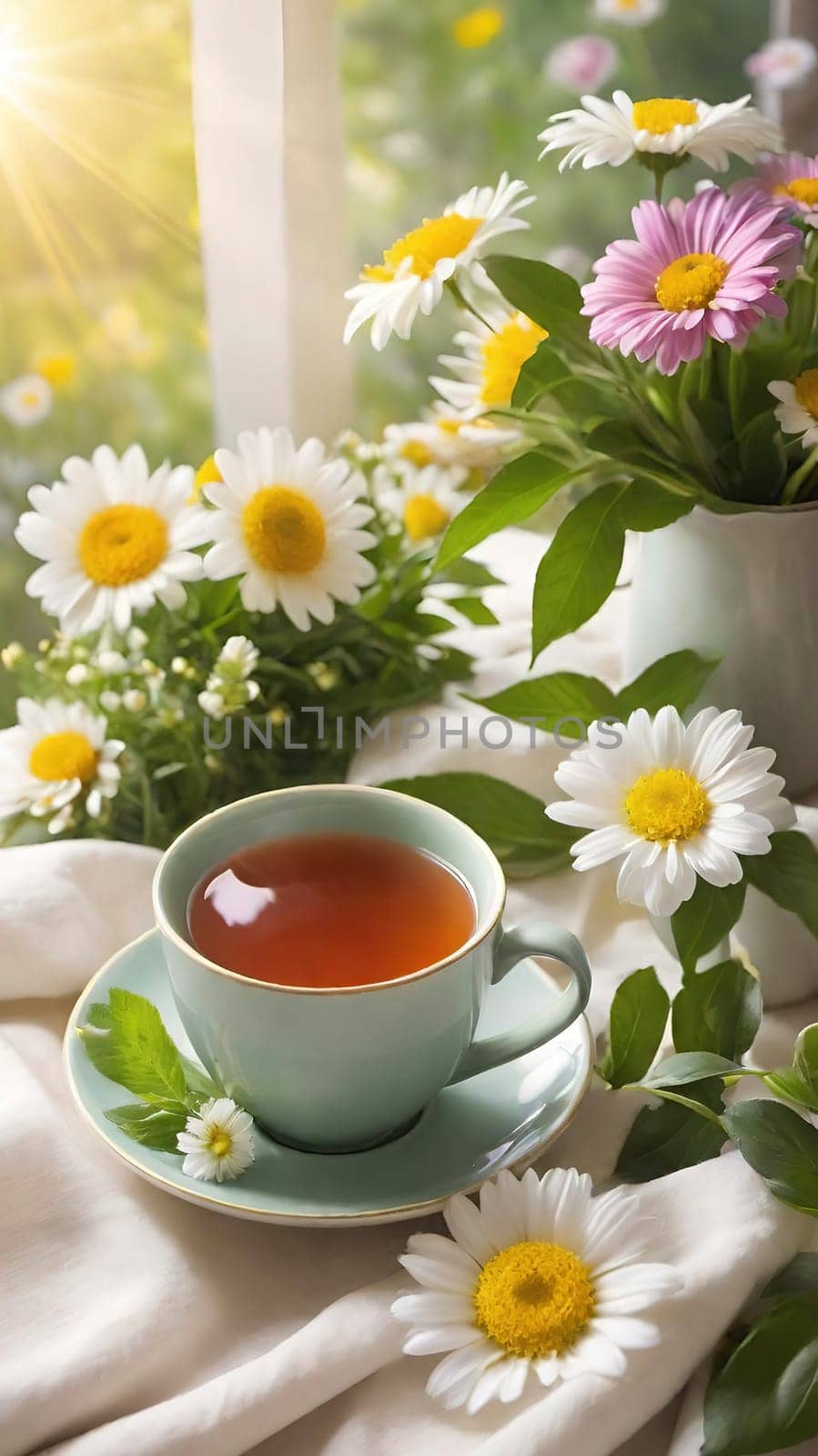 Morning Peace with a Cup of Tea. A peaceful scene featuring a mug filled with tea, placed on a soft white cloth. Delicate spring flowers with yellow centers surround the mug and add to the peaceful ambiance. The background is bathed in warm, golden sunlight, highlighting the lush greenery and more spring flowers. The steam slowly rising from the tea enhances the soothing and calming mood of the image.