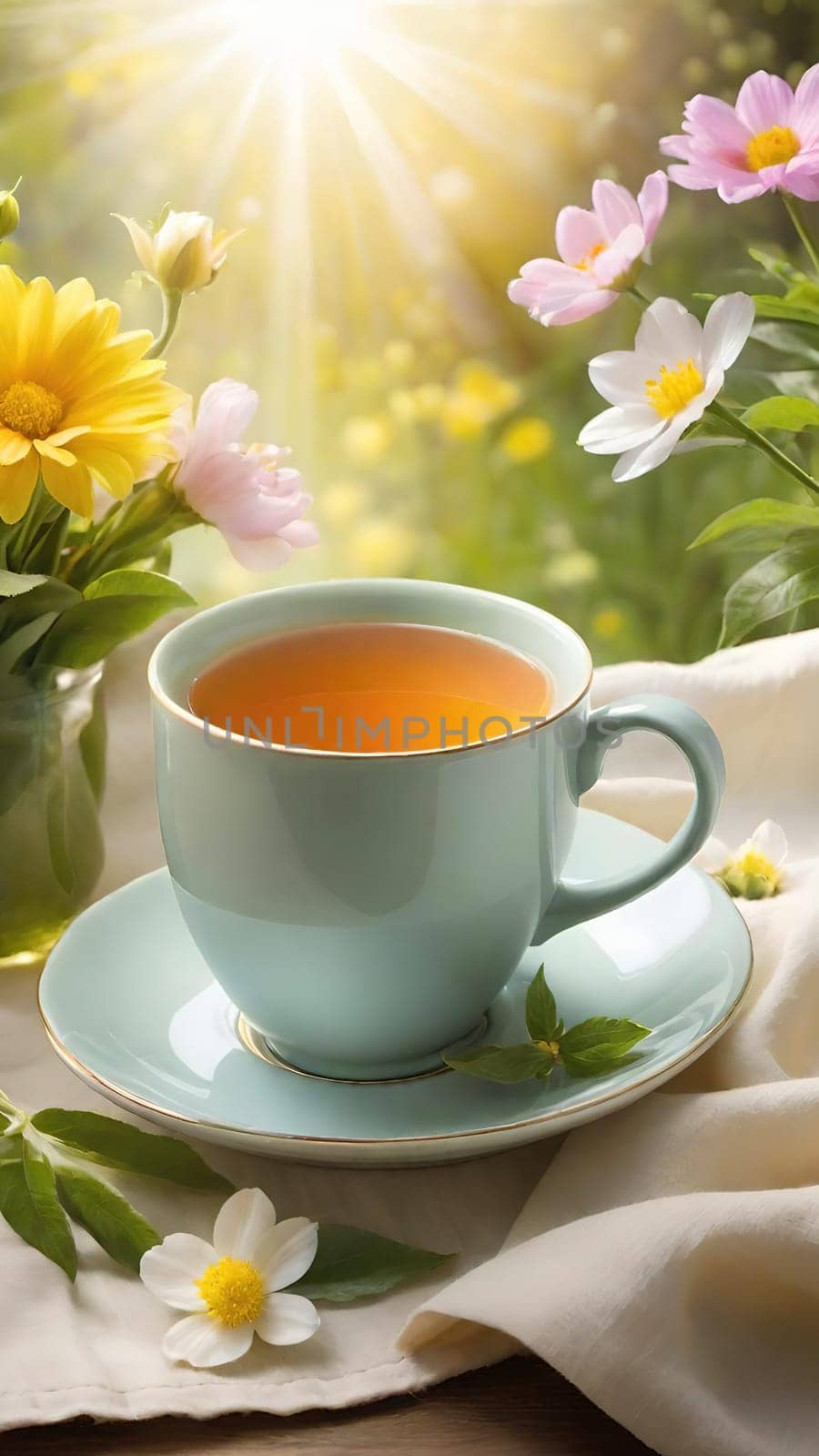 Morning Peace with a Cup of Tea. A peaceful scene featuring a mug filled with tea, placed on a soft white cloth. Delicate spring flowers with yellow centers surround the mug and add to the peaceful ambiance. The background is bathed in warm, golden sunlight, highlighting the lush greenery and more spring flowers. The steam slowly rising from the tea enhances the soothing and calming mood of the image.