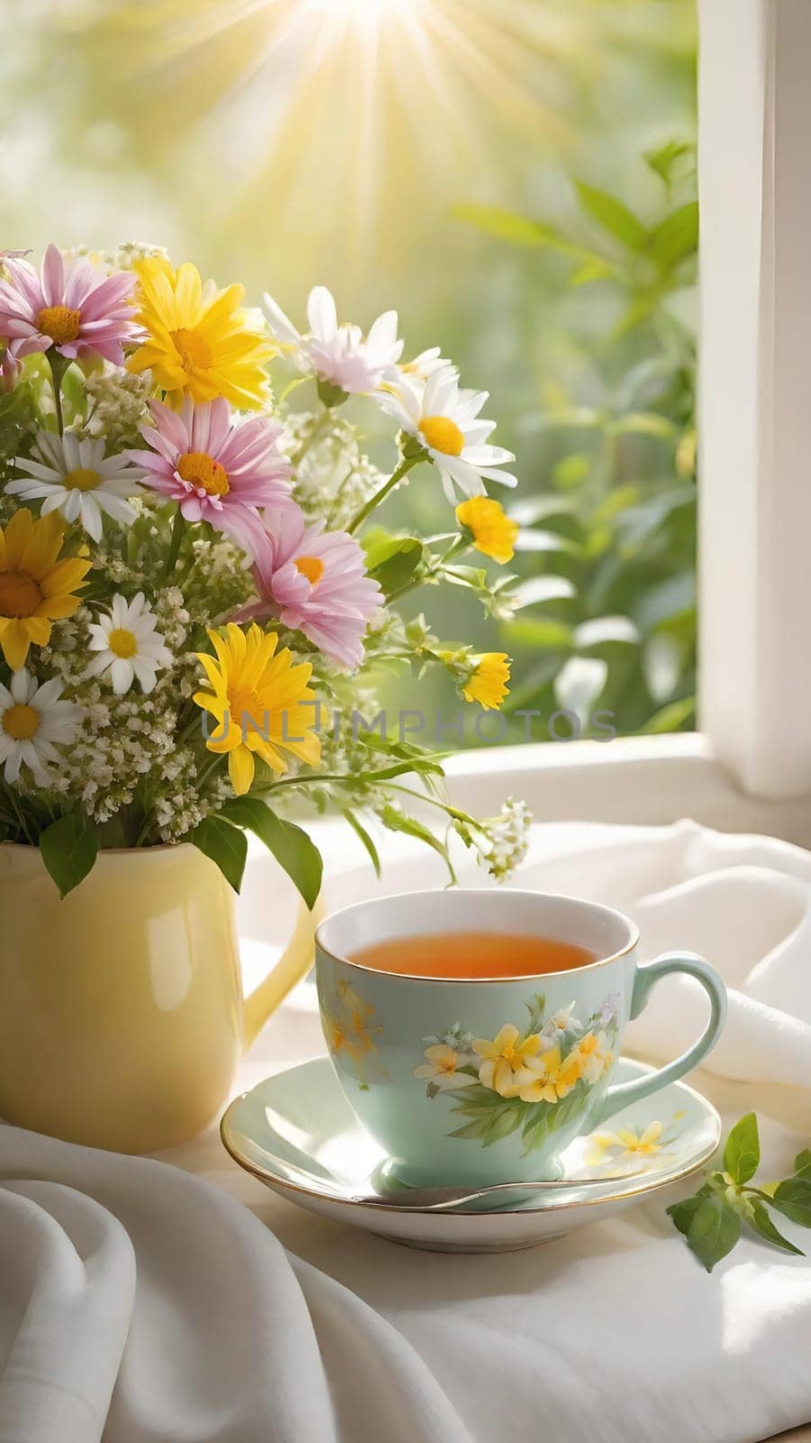 Morning Peace with a Cup of Tea. A peaceful scene featuring a mug filled with tea, placed on a soft white cloth. Delicate spring flowers with yellow centers surround the mug and add to the peaceful ambiance. The background is bathed in warm, golden sunlight, highlighting the lush greenery and more spring flowers. The steam slowly rising from the tea enhances the soothing and calming mood of the image.