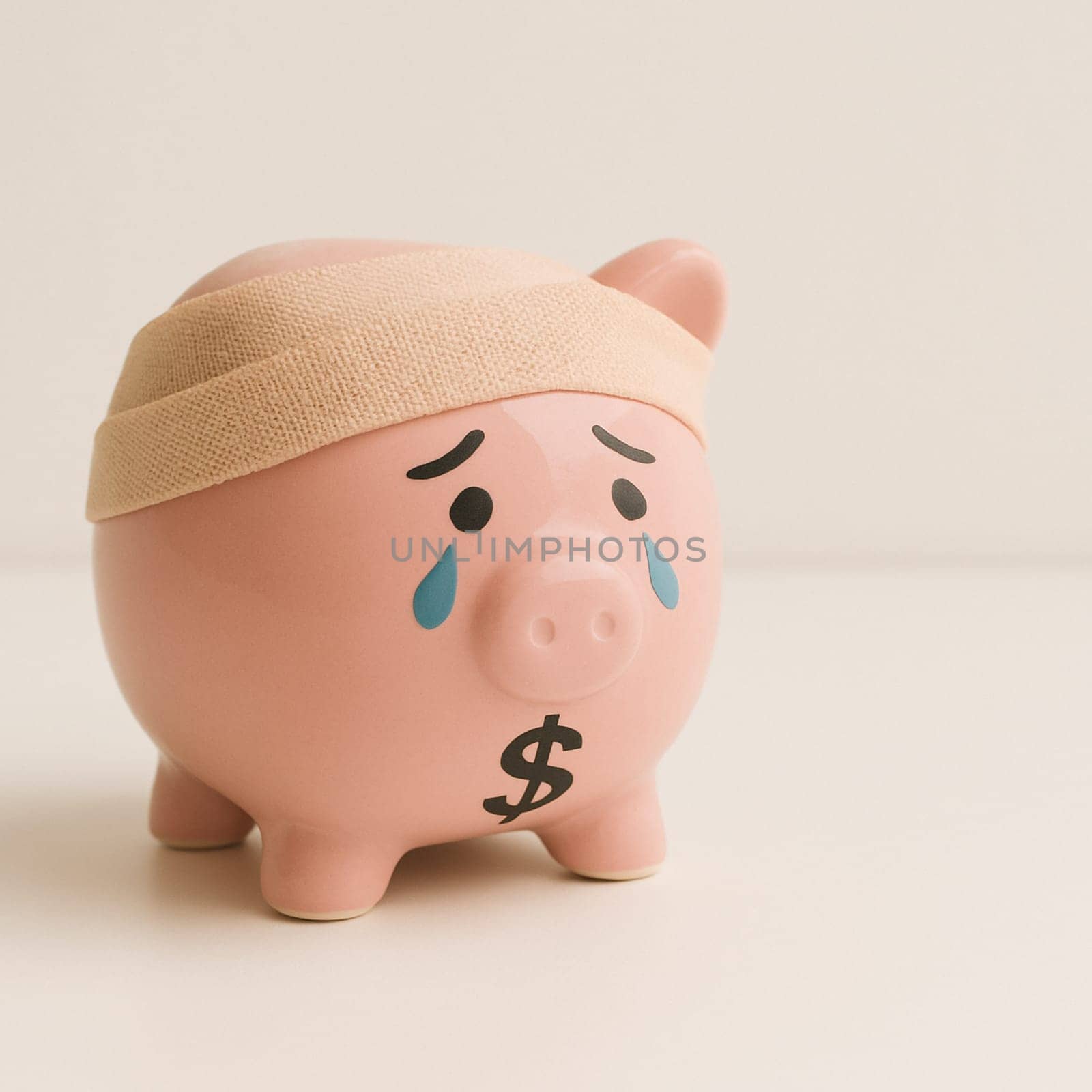 AI generated distressed piggy bank with dollar sign and bandage symbolizing global financial injury and economic recovery white background money crisis healing metaphor