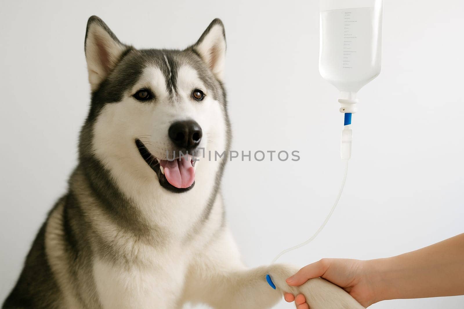 AI generated happy siberian husky dog receiving iv fluid therapy symbolizing pet care and veterinary treatment concept white background animal health and wellness