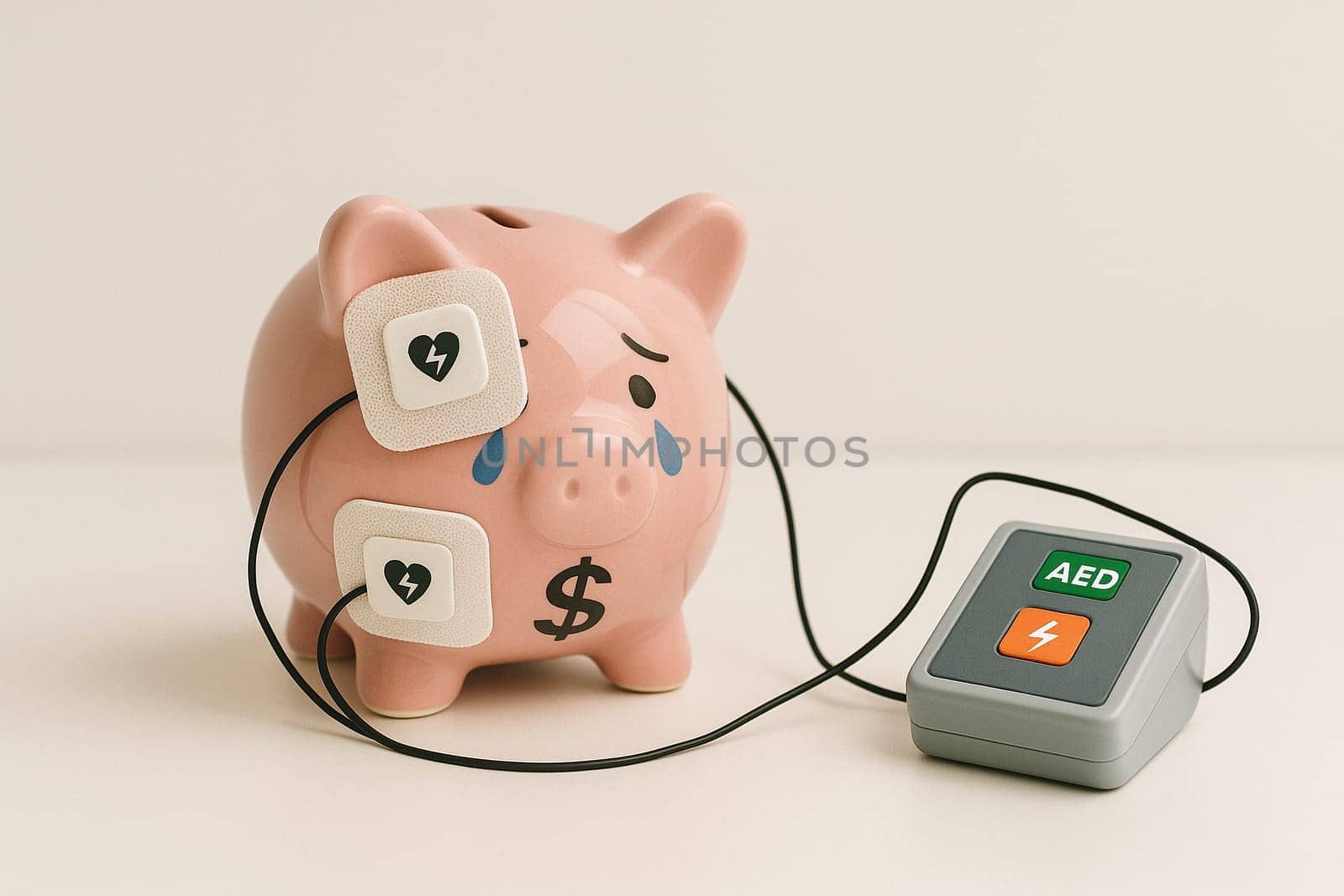 AI generated distressed piggy bank with dollar sign receiving emergency AED treatment symbolizing global financial crisis and economic resuscitation white background money rescue metaphor
