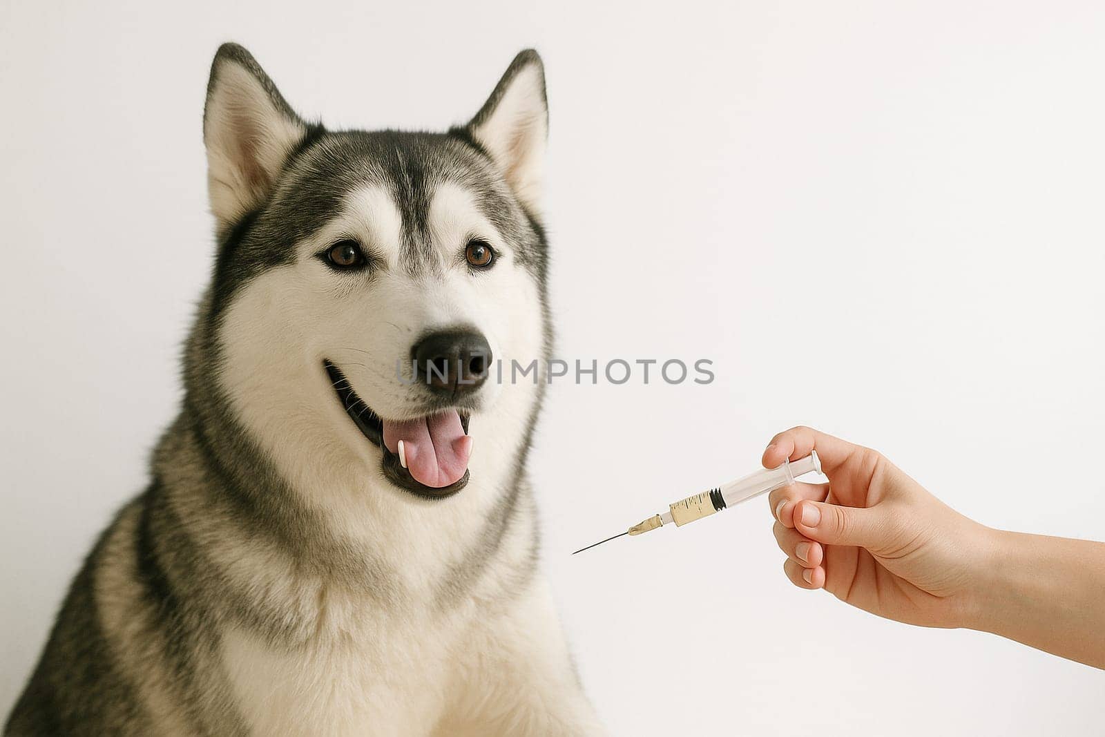 AI generated happy siberian husky dog receiving light yellow vaccine injection symbolizing preventive pet care and veterinary medicine concept white background animal health protection