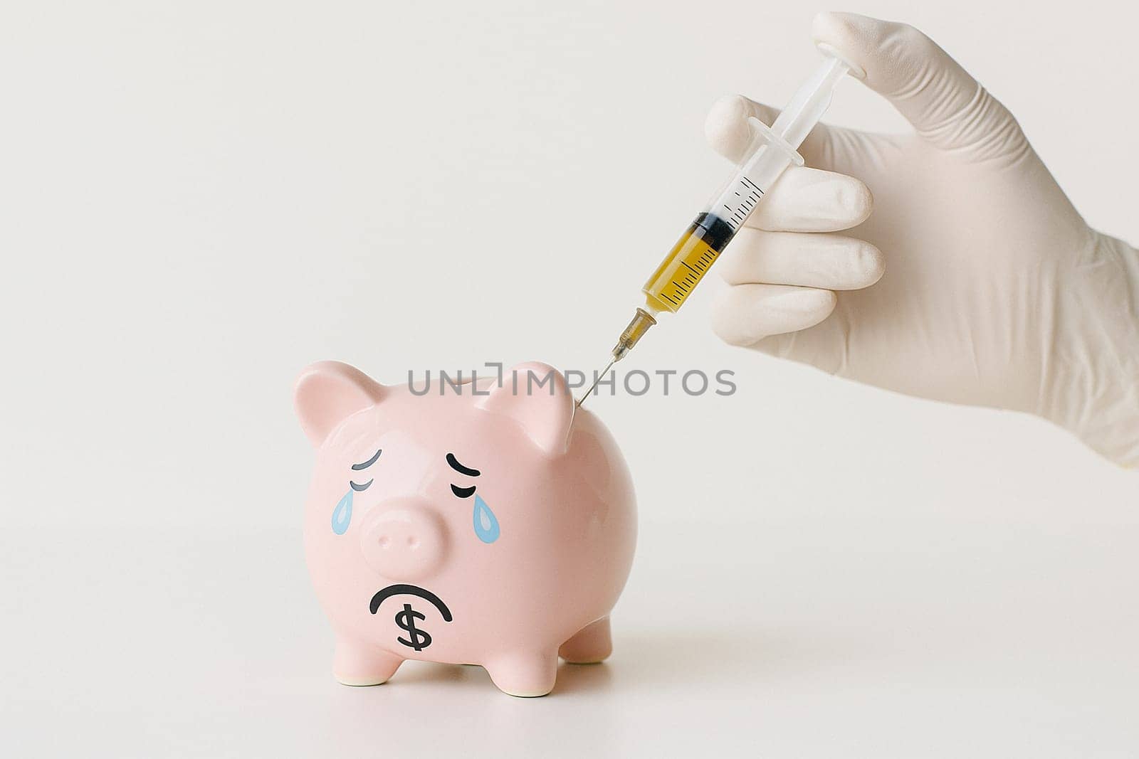 AI generated distressed piggy bank with dollar sign receiving golden syringe injection symbolizing global economic stimulus and financial recovery white background crisis solution metaphor