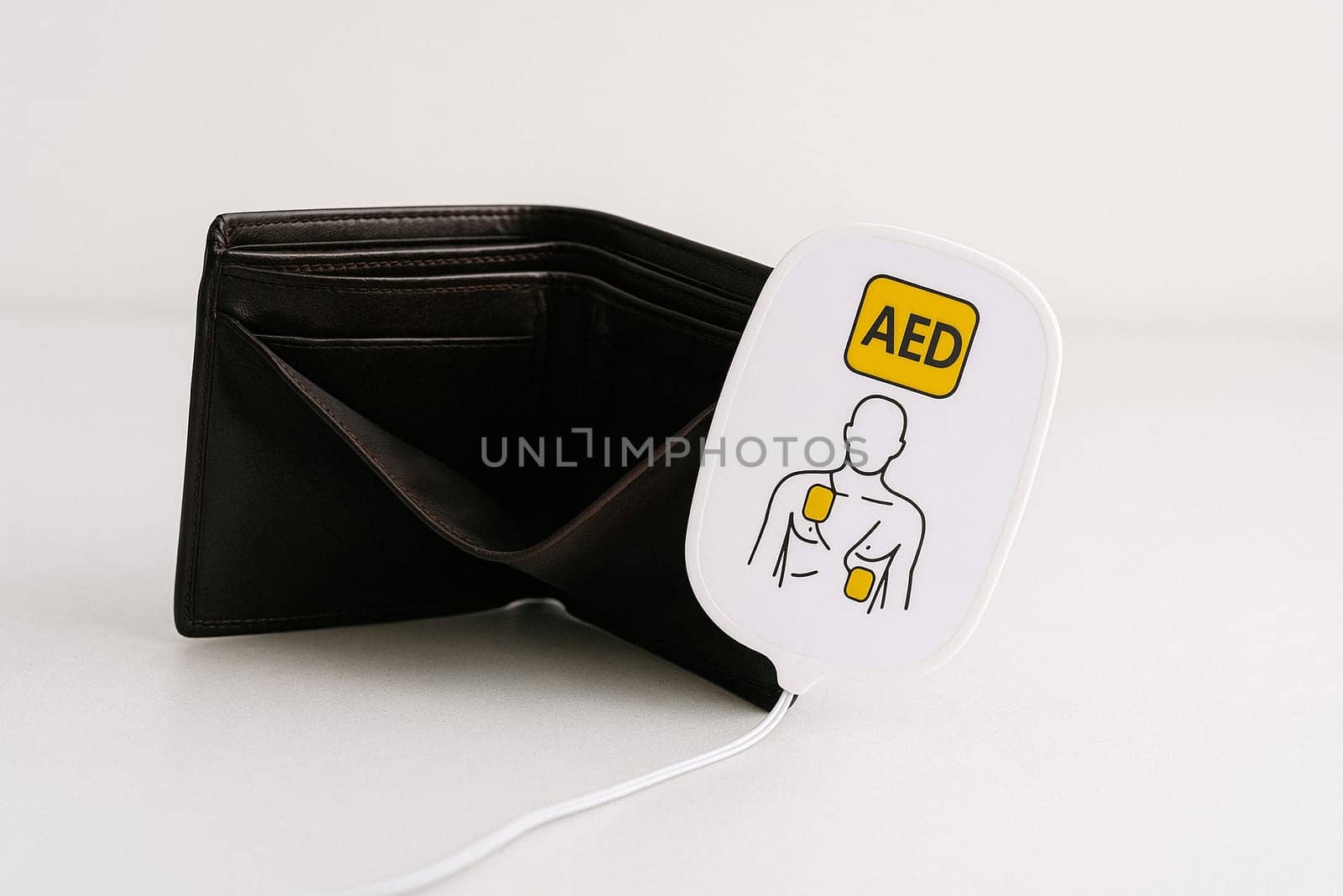 AI generated realistic empty men's wallet with emergency AED defibrillator pads symbolizing financial crisis and urgent economic recovery white background money rescue metaphor
