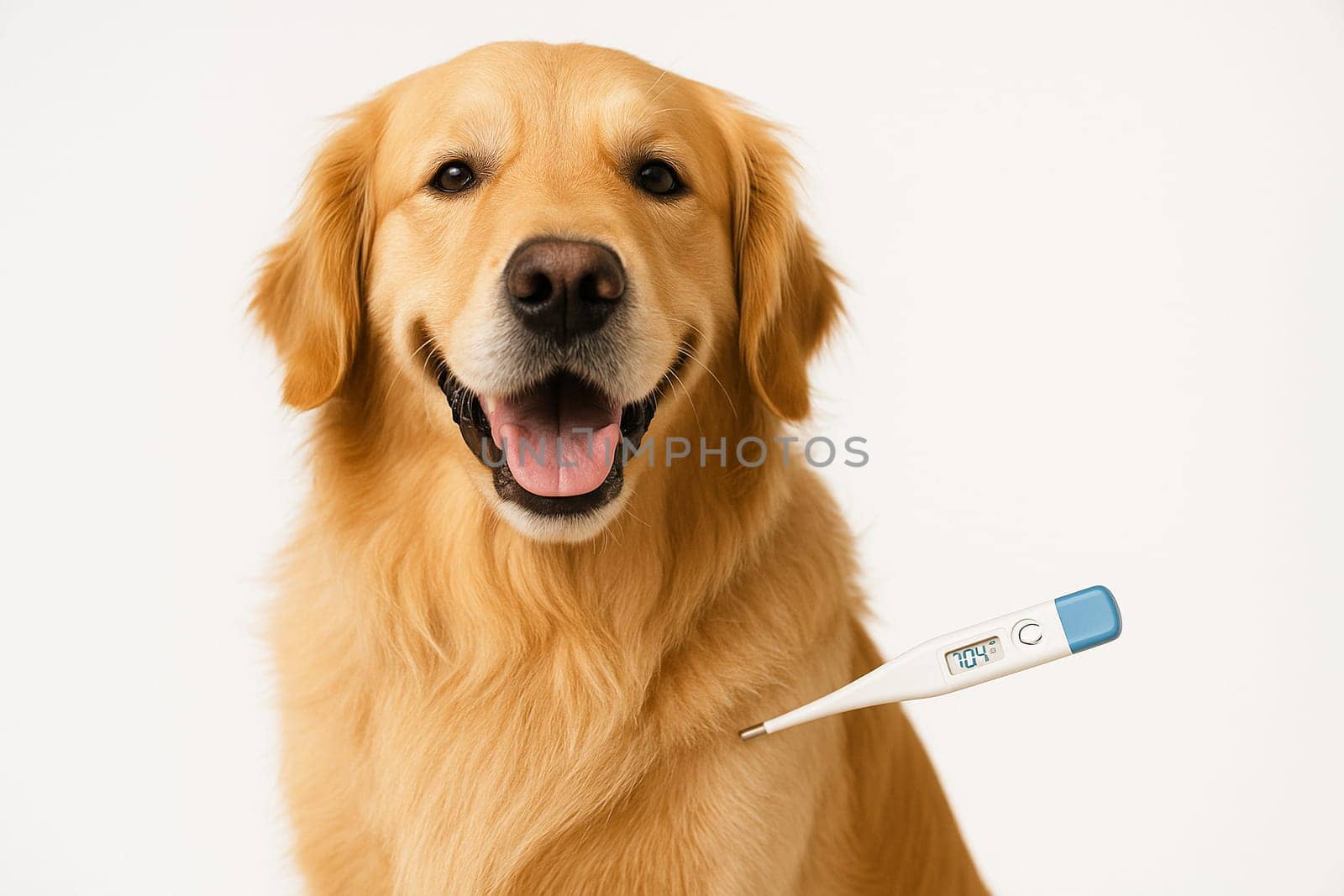 AI generated happy golden retriever dog with high fever thermometer showing elevated temperature symbolizing responsible pet health monitoring and veterinary care concept white animal wellness check