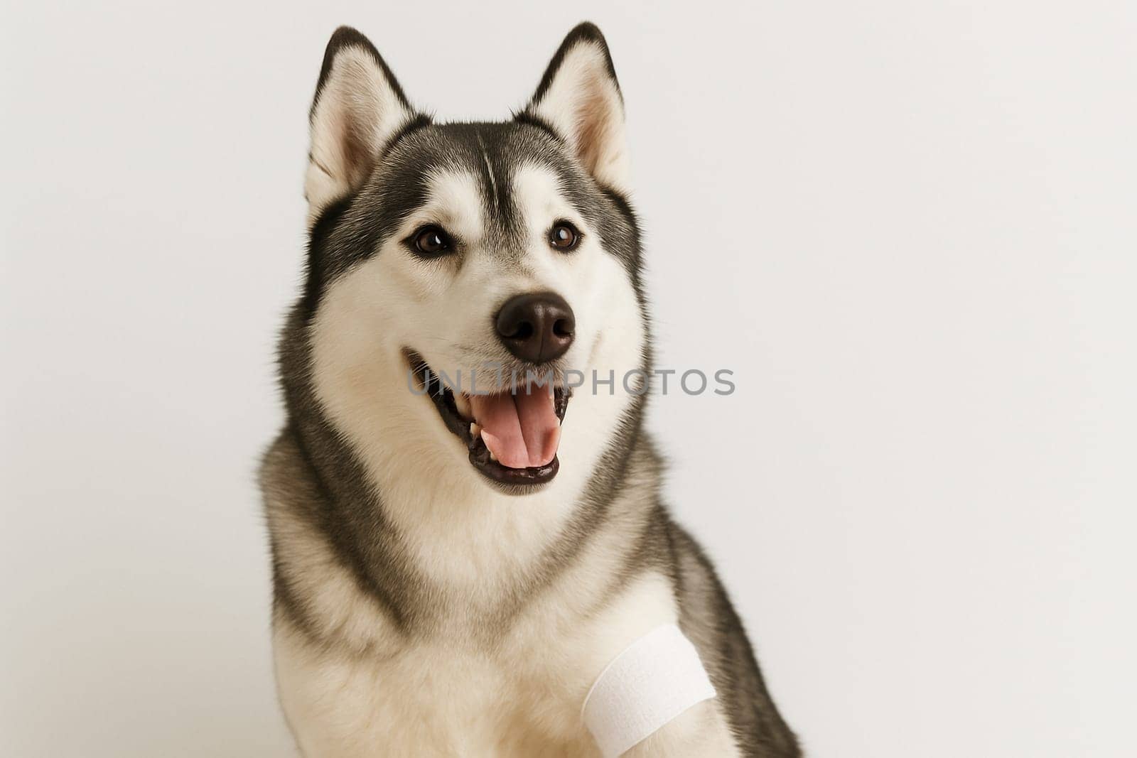AI generated happy siberian husky dog with front leg bandage symbolizing pet injury recovery and loving care concept white background animal first aid and veterinary treatment