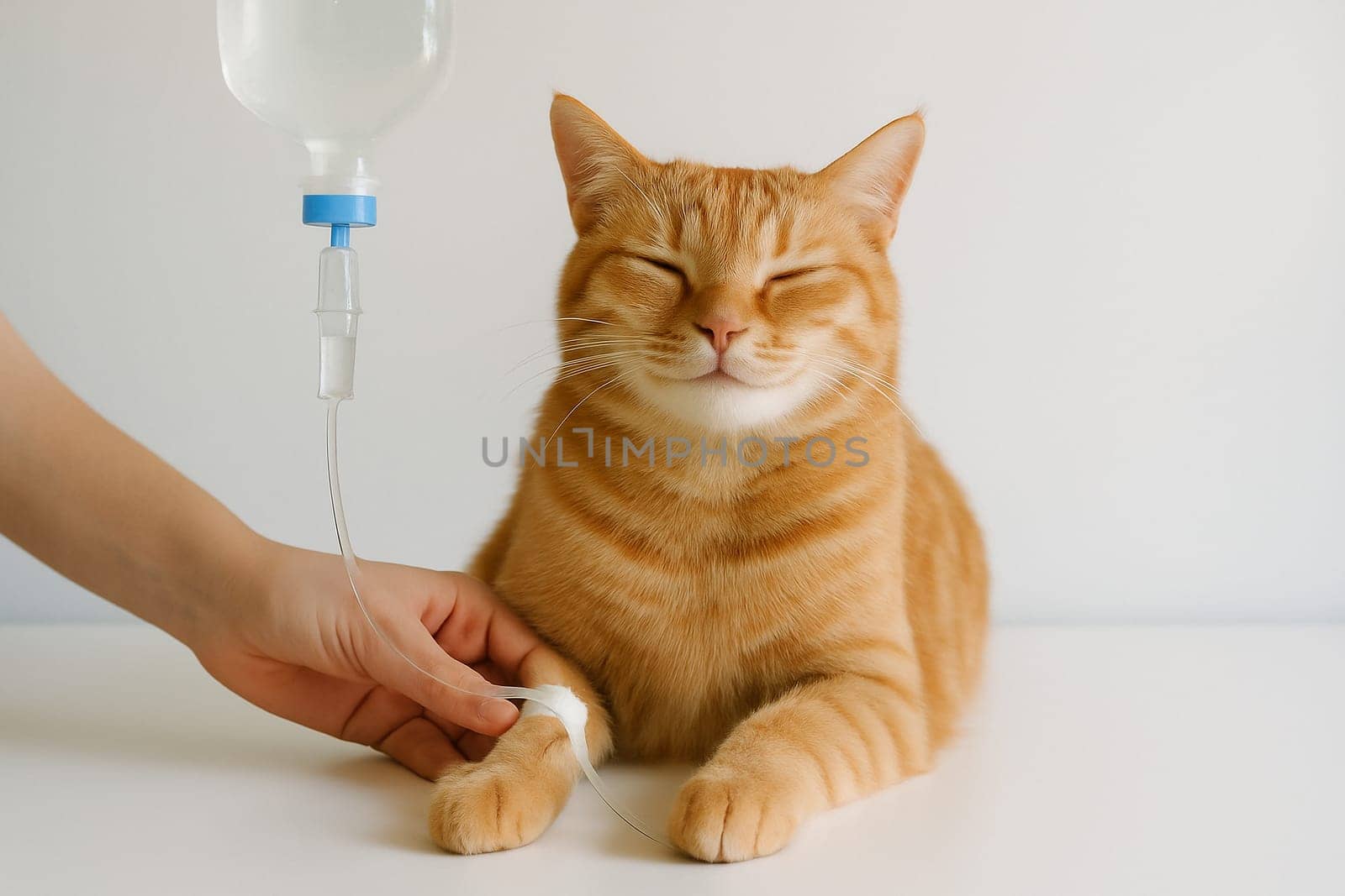AI generated happy ginger cat receiving iv fluid therapy symbolizing professional pet care and feline veterinary treatment concept white background cat health and hydration