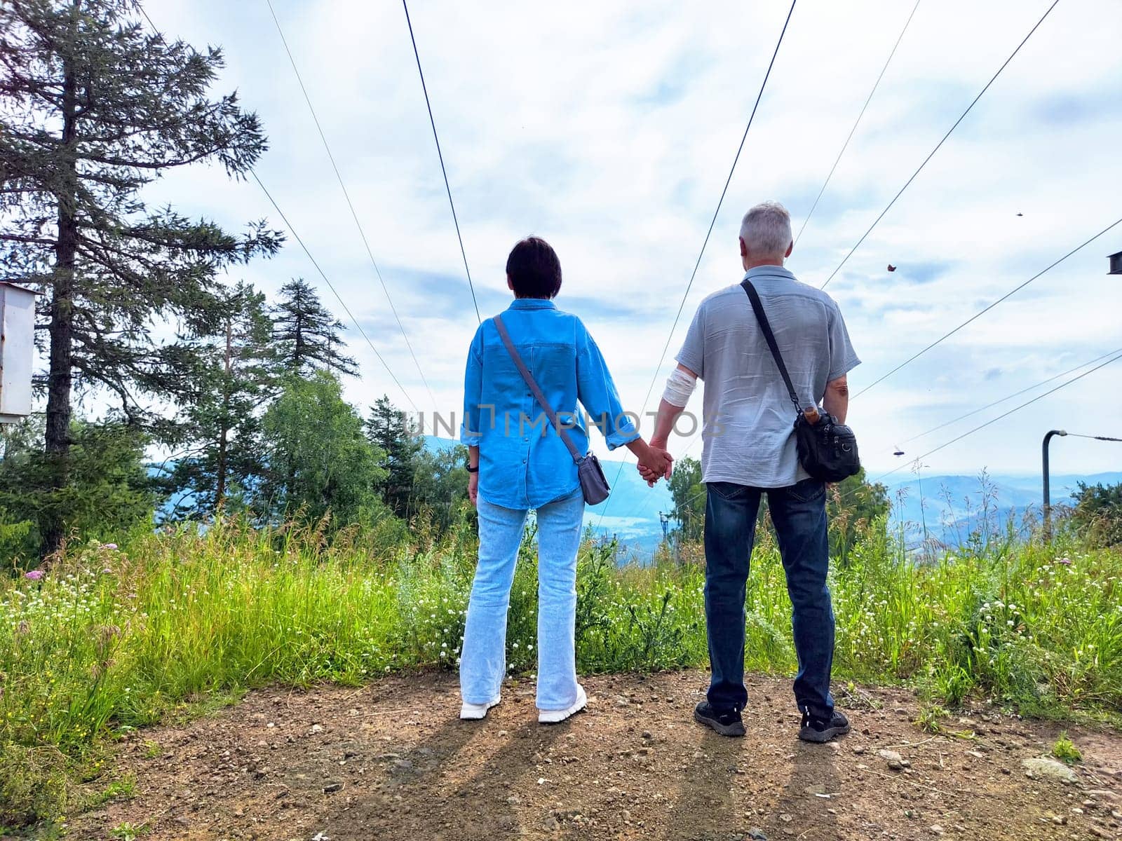 Two individuals stand together at a mountain overlook, holding hands and gazing at the beautiful landscape under a cloudy sky.