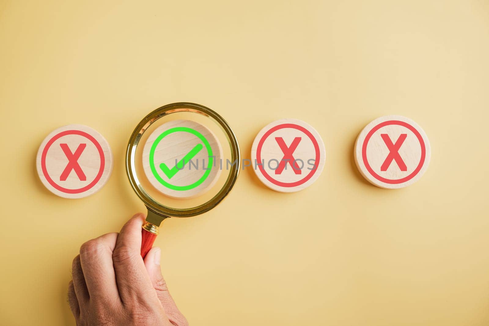Business choices, man holds magnifying glass considering yes or no. Red question mark hints at difficulty. Hand selects right option. Communication of decision made. Think With Yes Or No Choice.