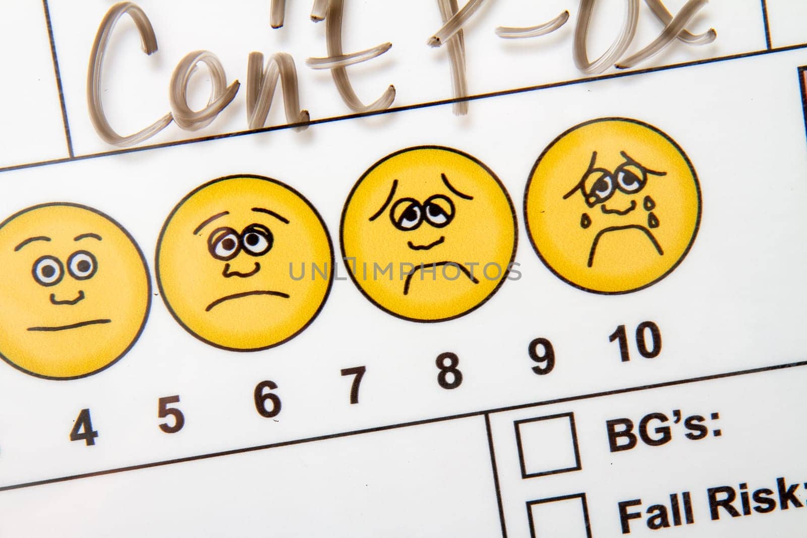 A series of frowning faces are shown on a white background. The frowning faces are numbered from 4 to 10 for the pain scale