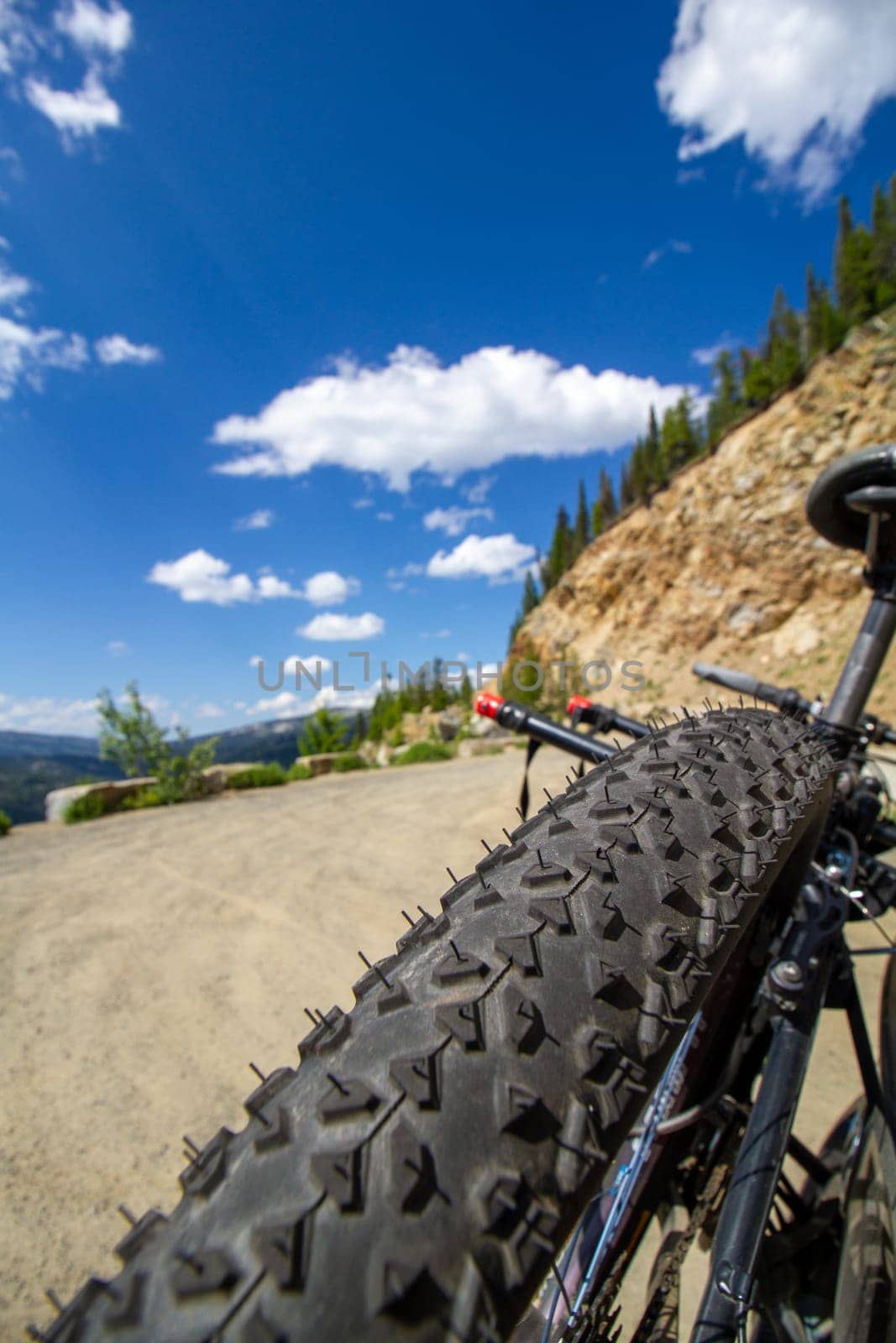 A mountain bike tire with a black and red design. The tire is on a dirt road with a blue sky in the background