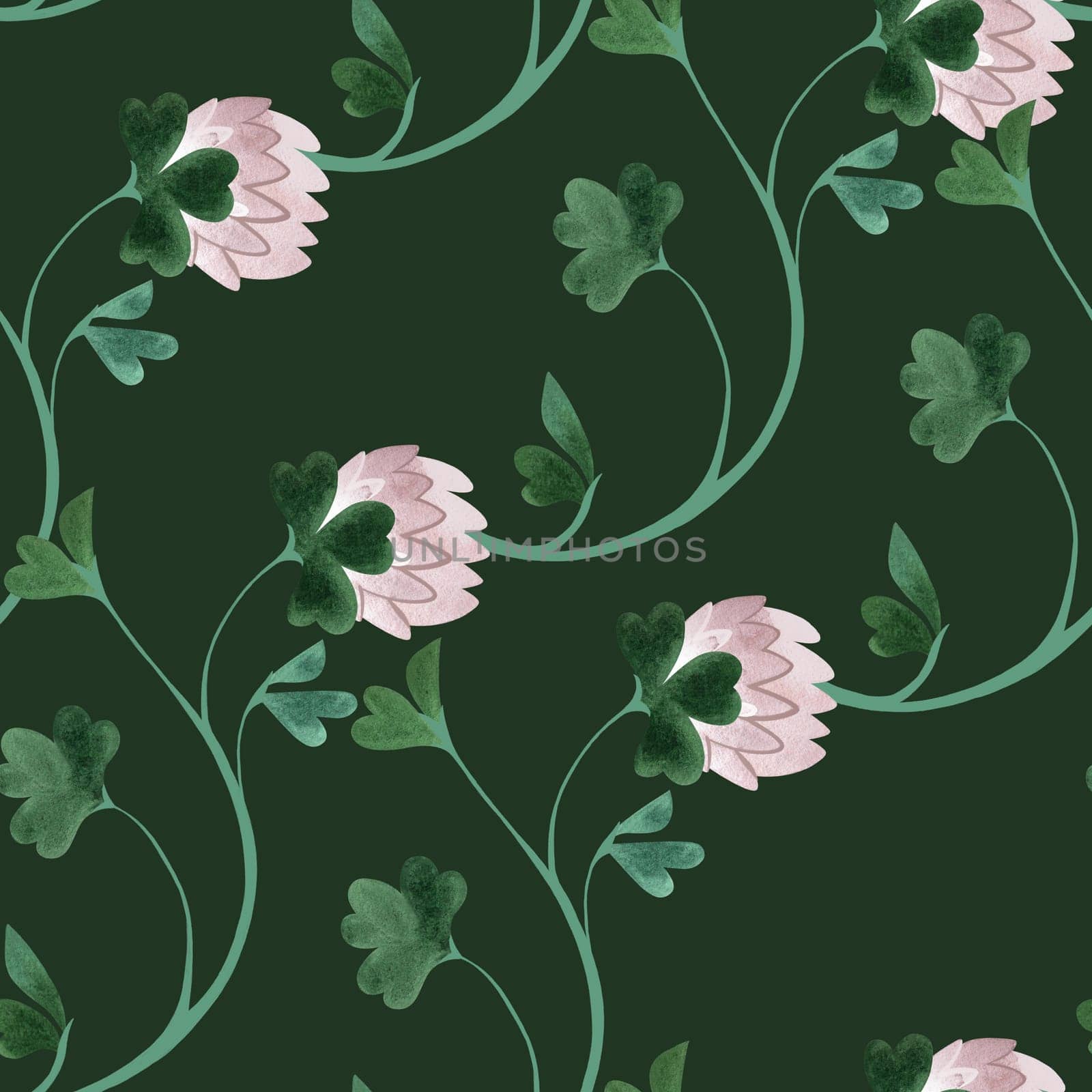 Textile seamless floral pattern with clover flowers and shamrocks in vintage style. Design for kitchen home textiles, tablecloths, curtains, bed linen, dress fabrics, wrapping paper