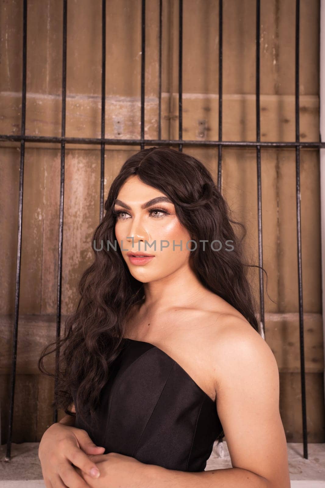 Portrait of an Asian woman with black hair being lonely with the wooden window in the background