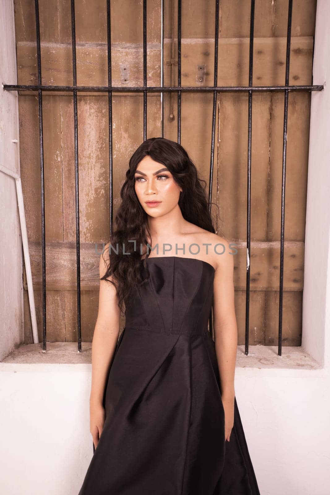 Elegance woman in a black dress standing in front of the rustic wooden window in a white studio