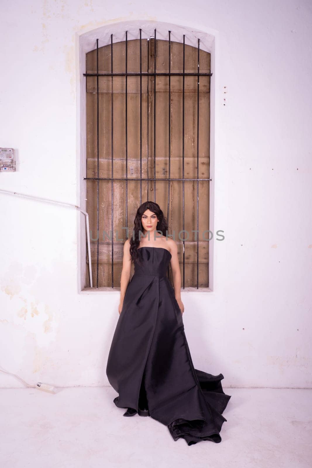 Elegance woman in a black dress standing in front of the rustic wooden window in a white studio
