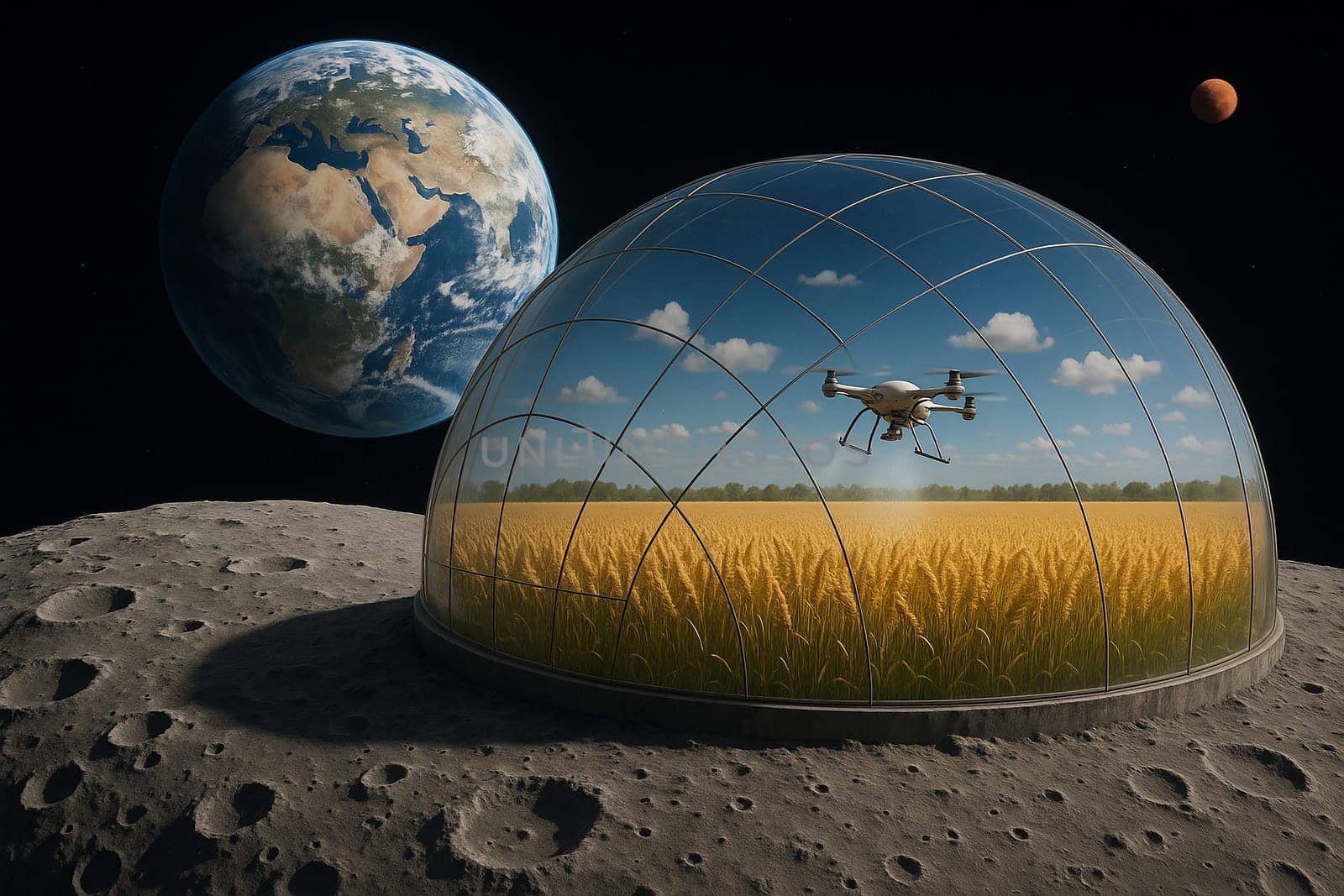 AI generated futuristic space agriculture in a large glass dome on the moon or other planets showing advanced farming of crops and livestock solving Earths environmental and food resource problems