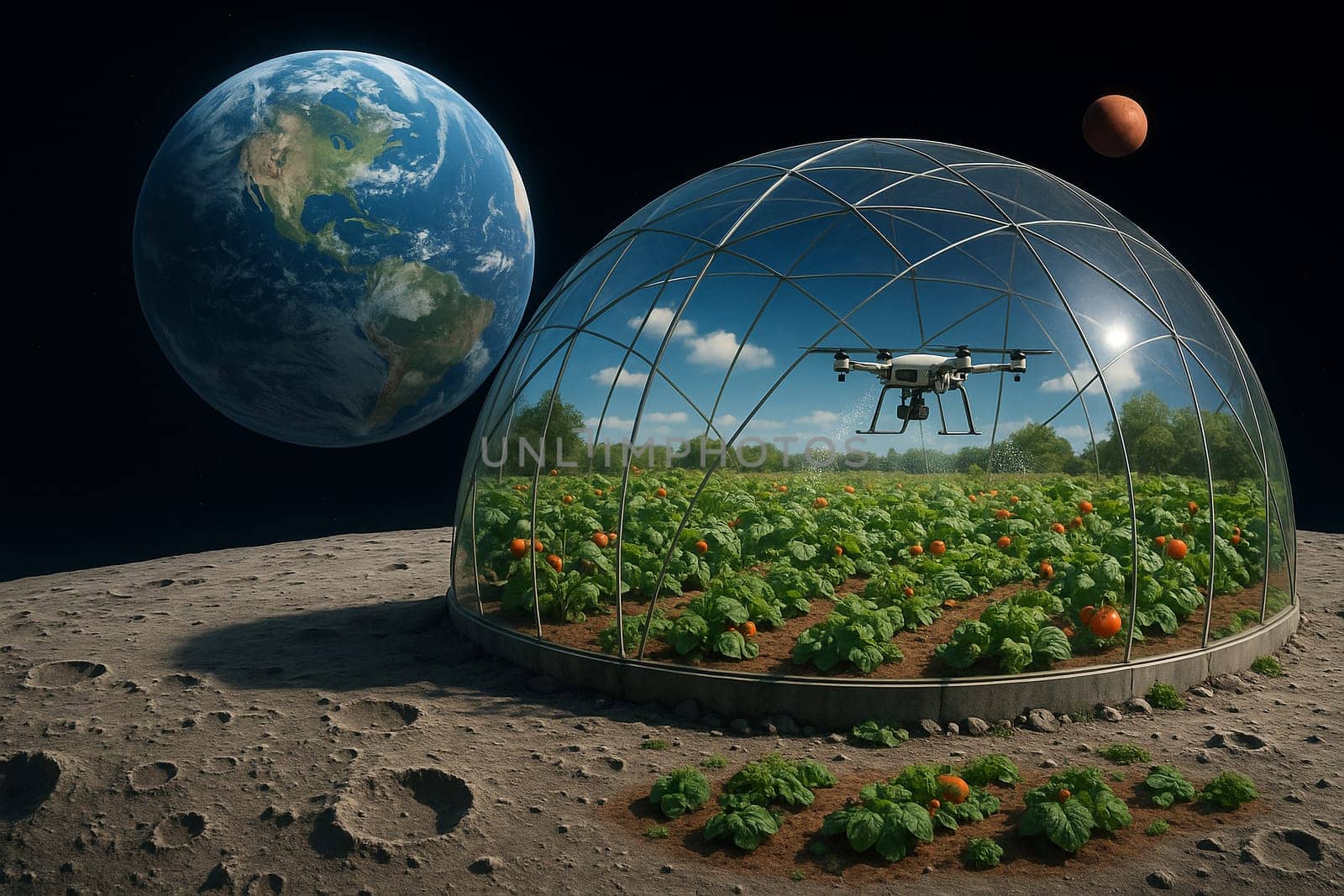 AI generated futuristic space agriculture in a large glass dome on the moon or other planets showing advanced farming of crops and livestock solving Earths environmental and food resource problems