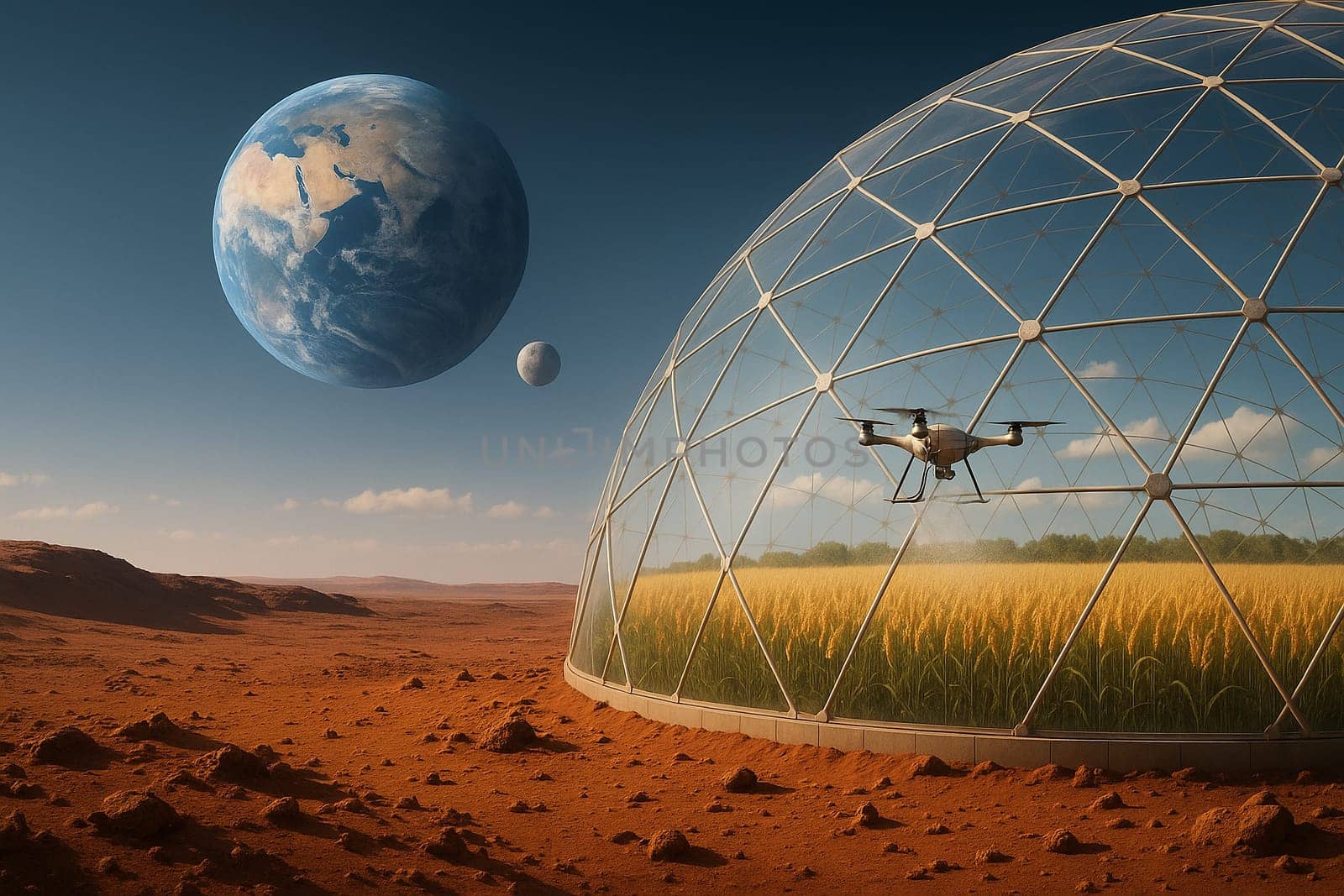 AI generated futuristic space agriculture in a large glass dome on the moon or other planets showing advanced farming of crops and livestock solving Earths environmental and food resource problems