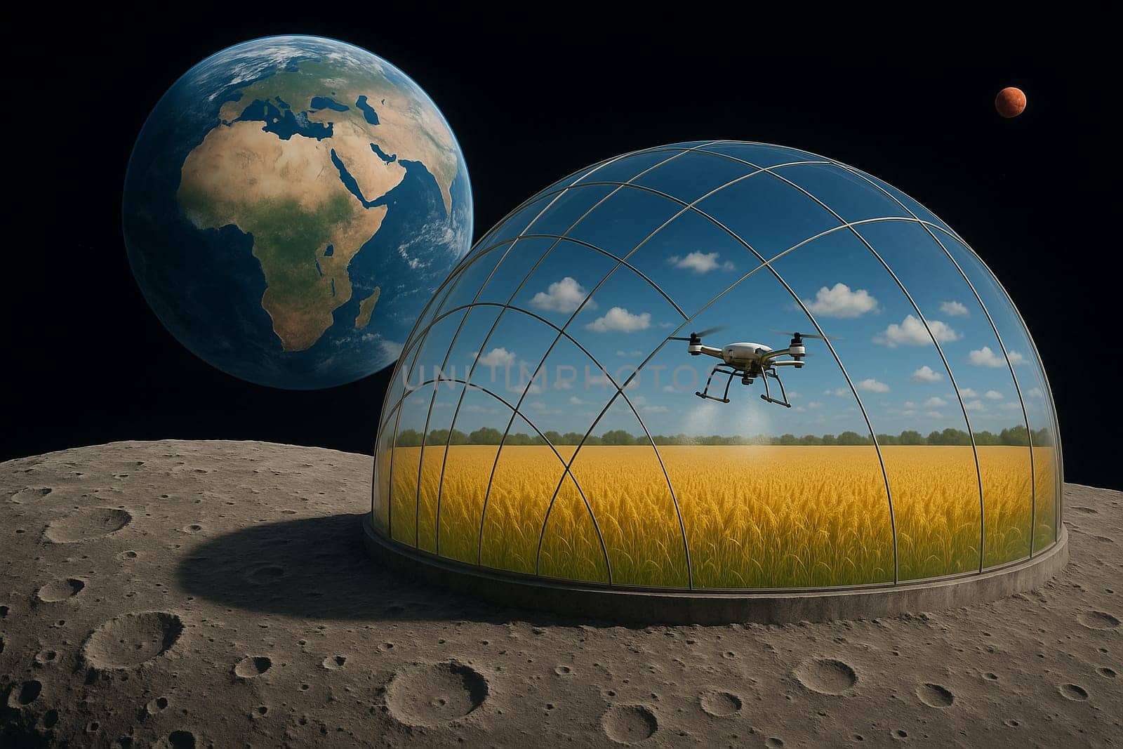 AI generated futuristic space agriculture in a large glass dome on the moon or other planets showing advanced farming of crops and livestock solving Earths environmental and food resource problems