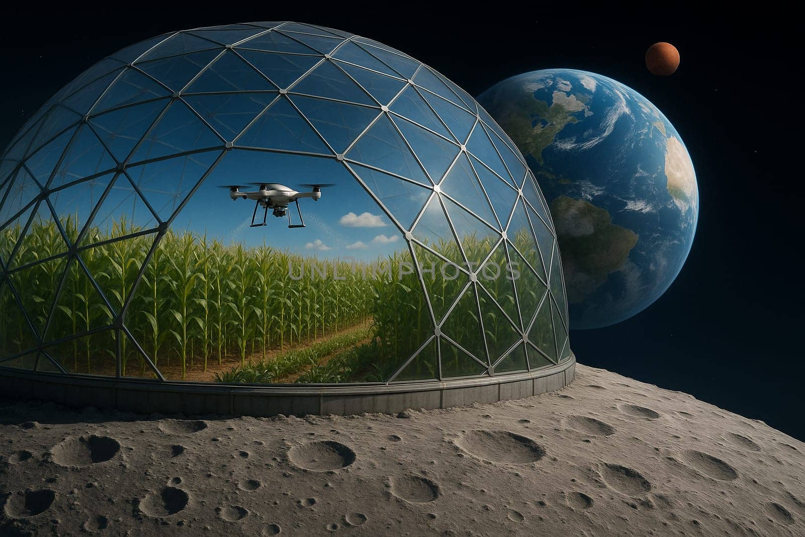 AI generated futuristic space agriculture in a large glass dome on the moon or other planets showing advanced farming of crops and livestock solving Earths environmental and food resource problems