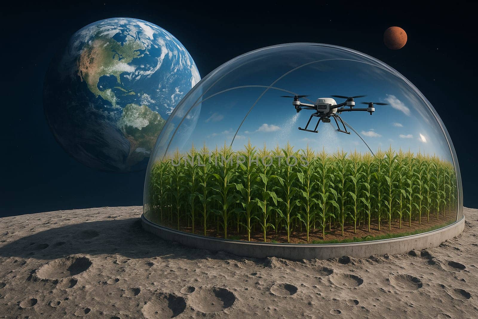 AI generated futuristic space agriculture in a large glass dome on the moon or other planets showing advanced farming of crops and livestock solving Earths environmental and food resource problems
