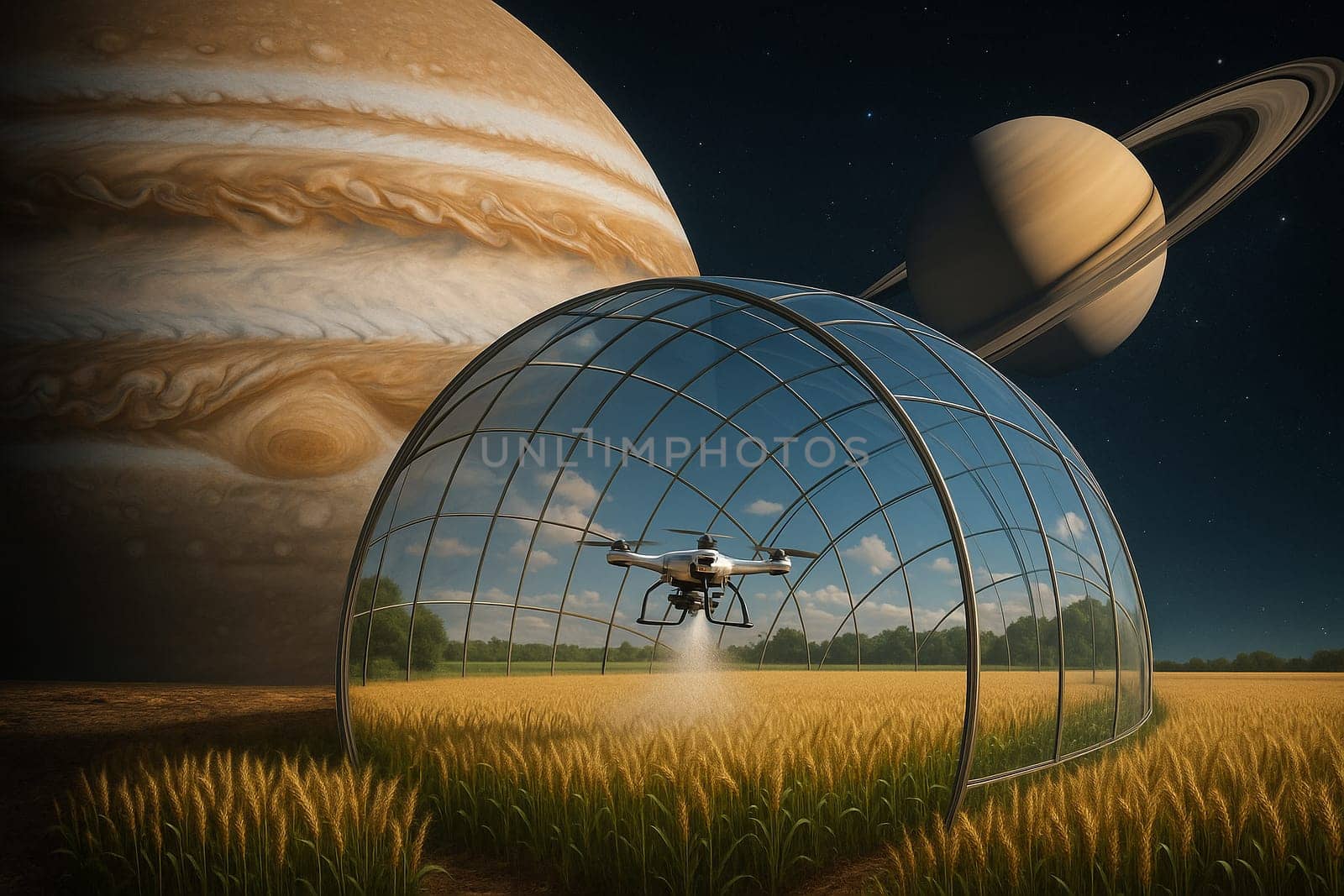 AI generated futuristic space agriculture in a large glass dome on the moon or other planets showing advanced farming of crops and livestock solving Earths environmental and food resource problems