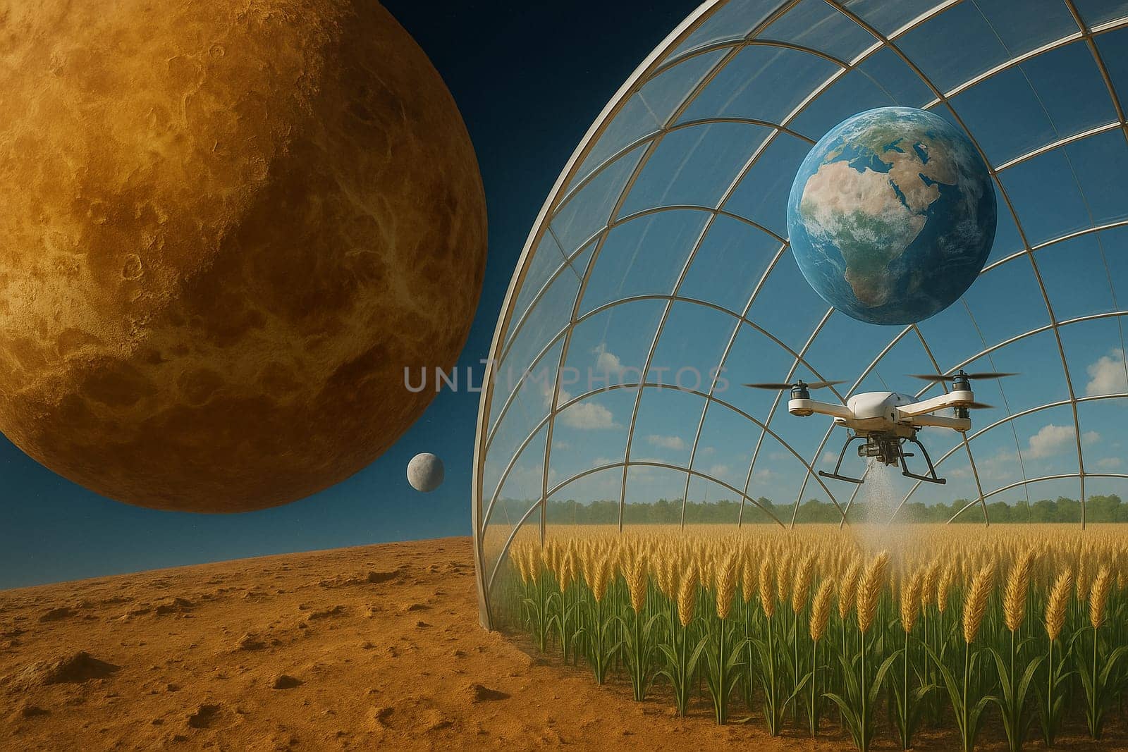 AI generated futuristic space agriculture in a large glass dome on the moon or other planets showing advanced farming of crops and livestock solving Earths environmental and food resource problems