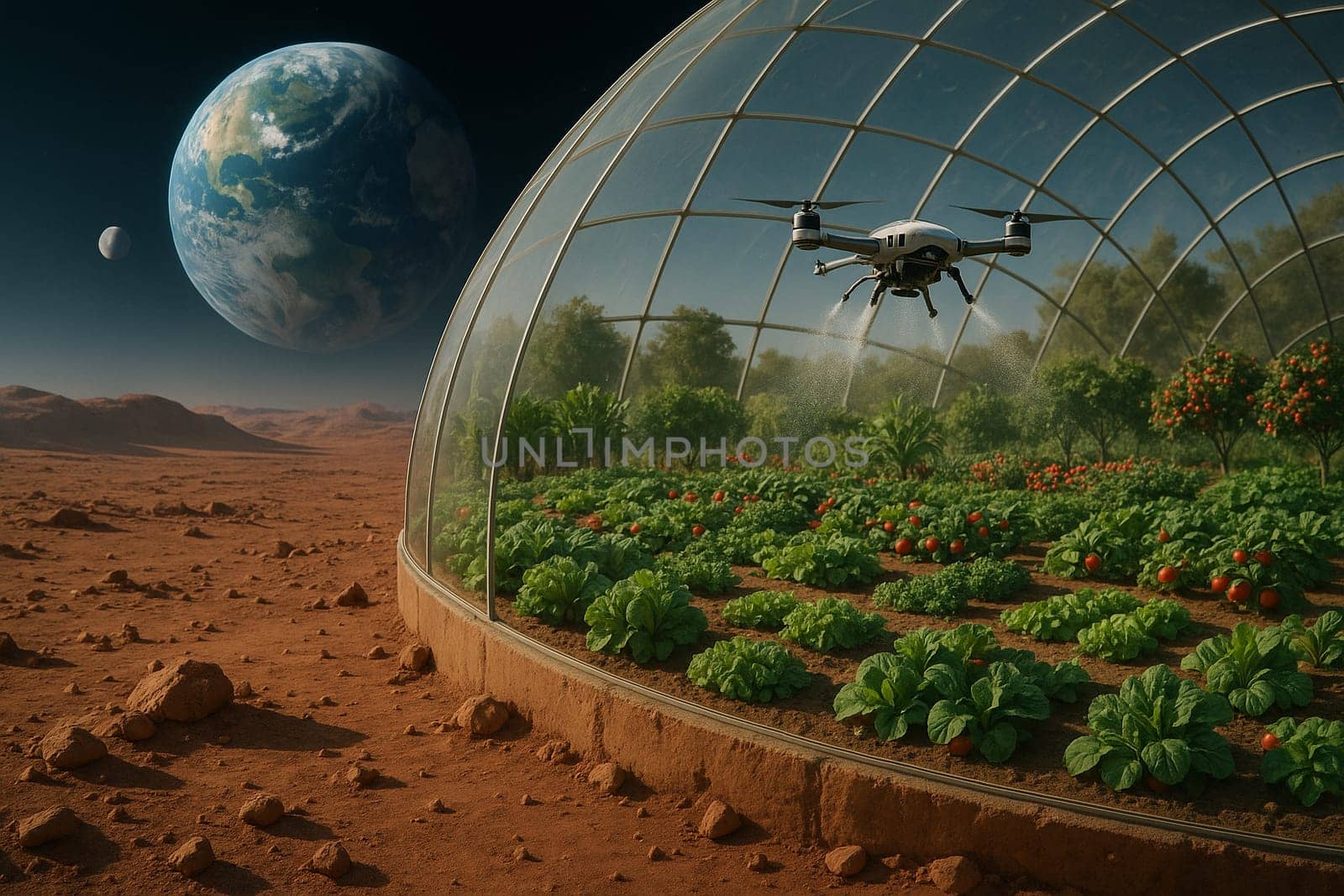 AI generated futuristic space agriculture in a large glass dome on the moon or other planets showing advanced farming of crops and livestock solving Earths environmental and food resource problems