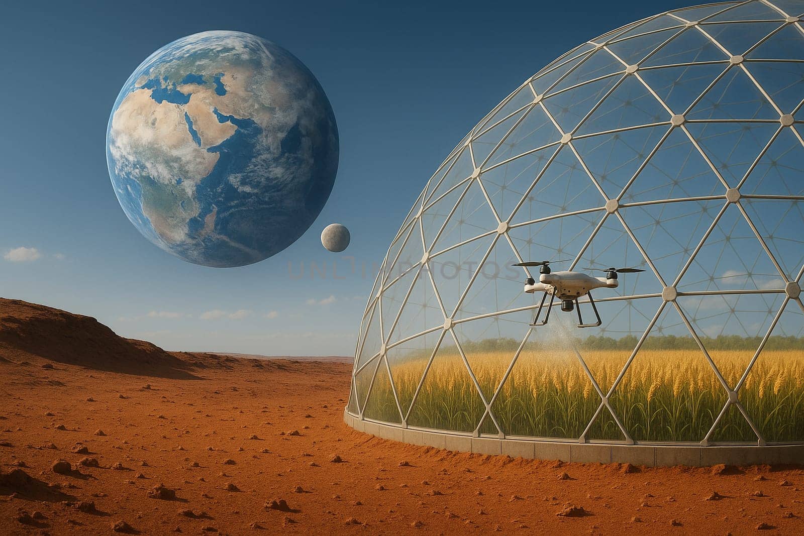 AI generated futuristic space agriculture in a large glass dome on the moon or other planets showing advanced farming of crops and livestock solving Earths environmental and food resource problems