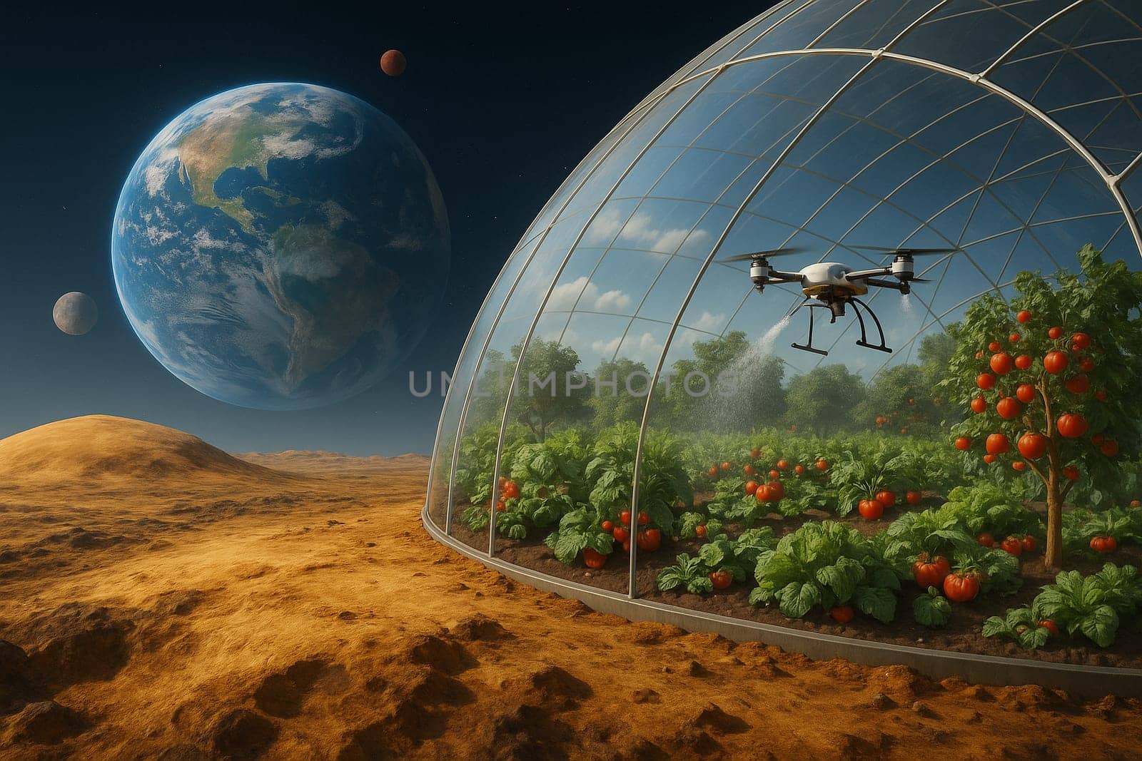 AI generated futuristic space agriculture in a large glass dome on the moon or other planets showing advanced farming of crops and livestock solving Earths environmental and food resource problems