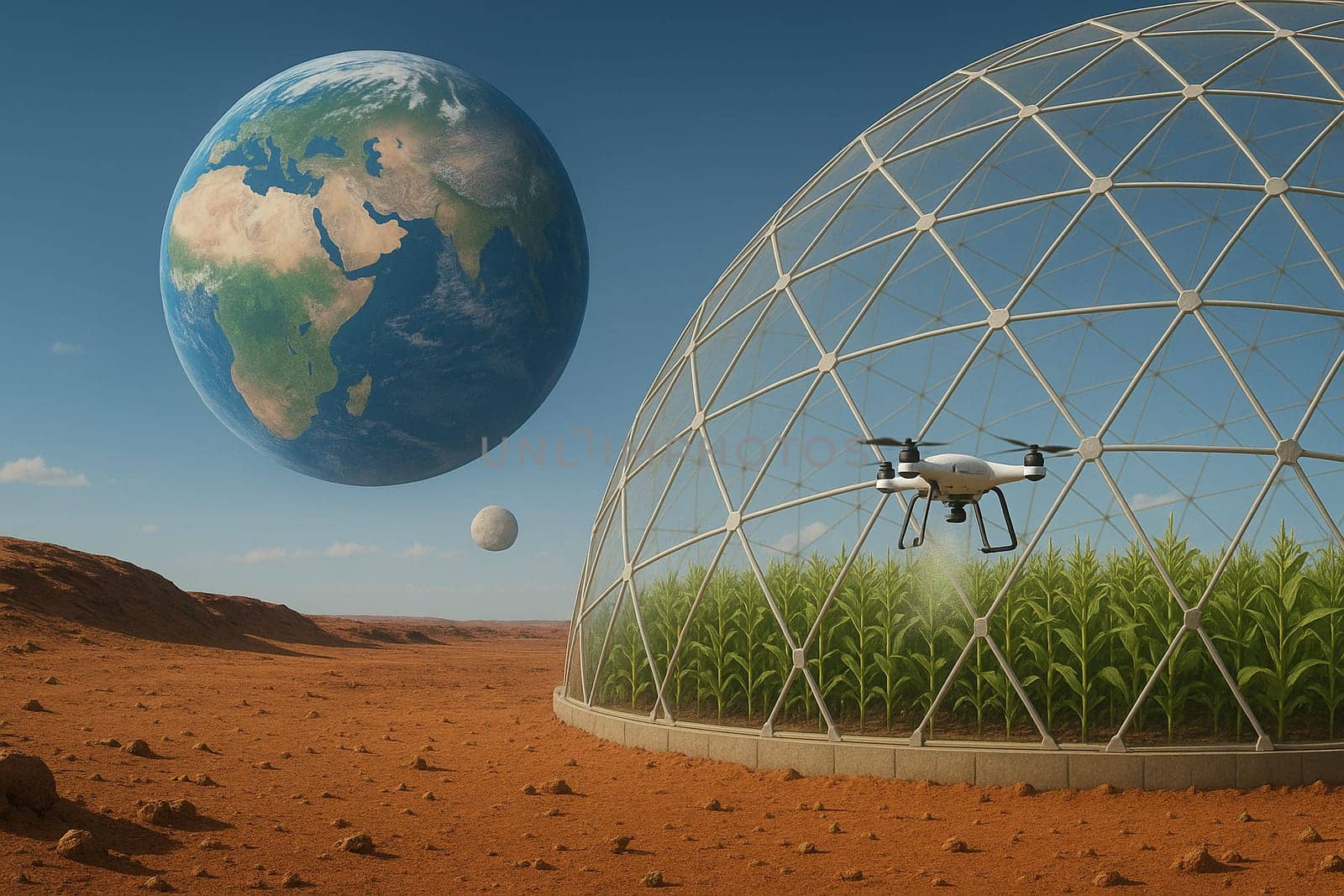 AI generated futuristic space agriculture in a large glass dome on the moon or other planets showing advanced farming of crops and livestock solving Earths environmental and food resource problems