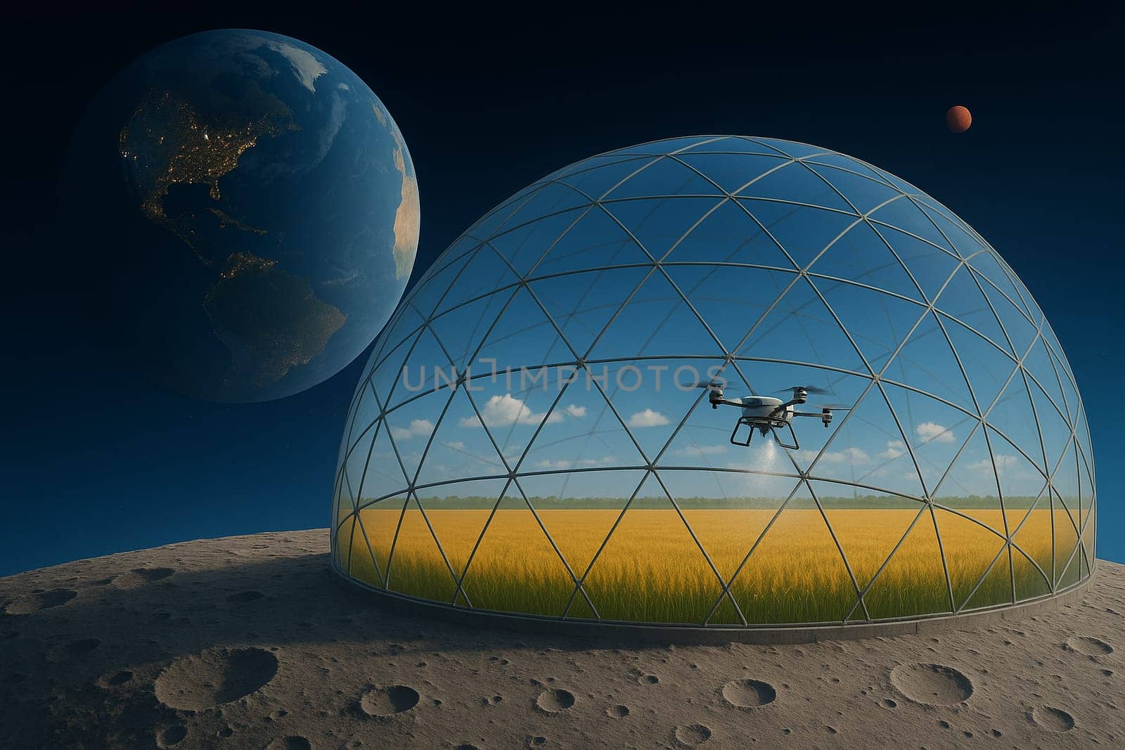 AI generated futuristic space agriculture in a large glass dome on the moon or other planets showing advanced farming of crops and livestock solving Earths environmental and food resource problems