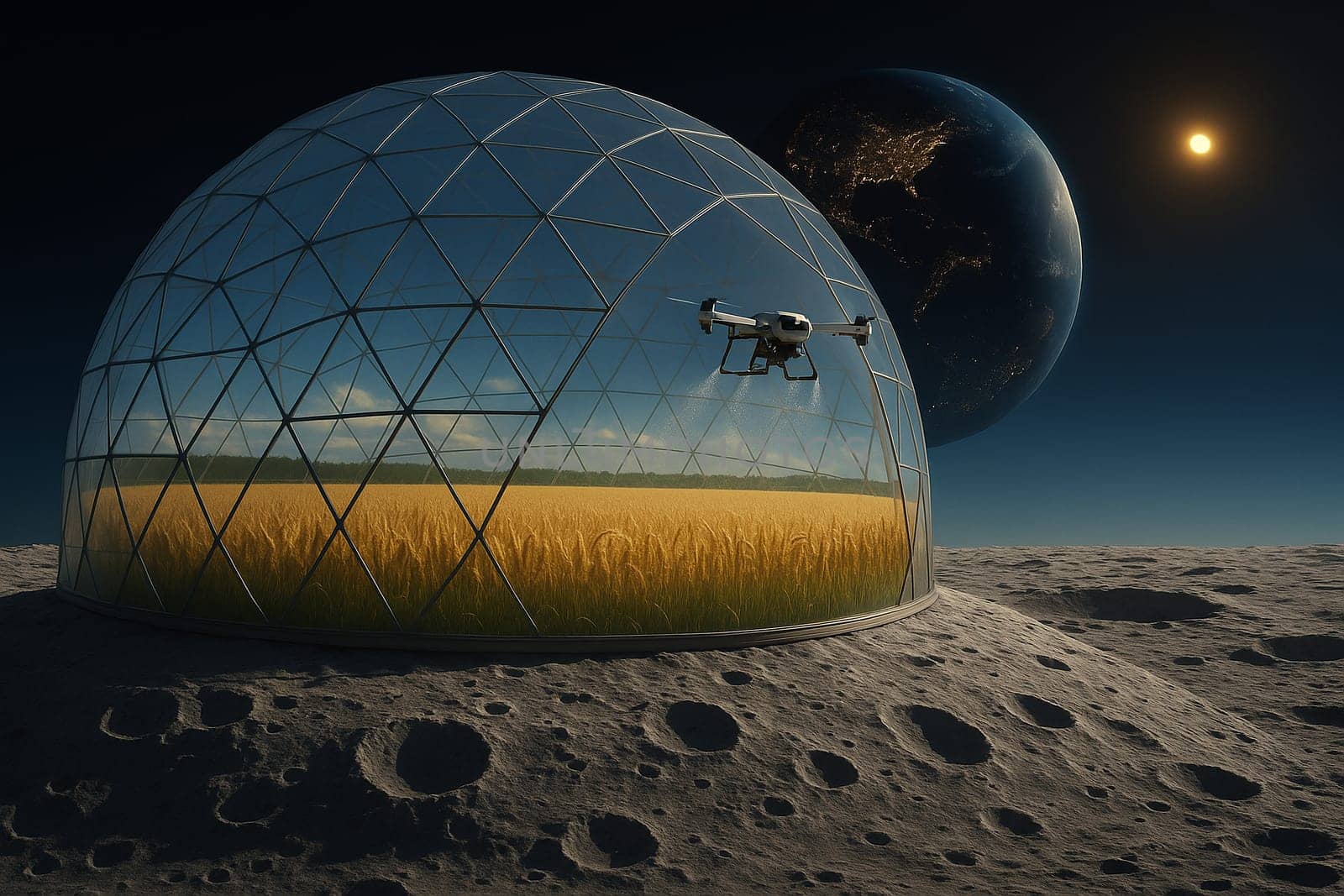 AI generated futuristic space agriculture in a large glass dome on the moon or other planets showing advanced farming of crops and livestock solving Earths environmental and food resource problems