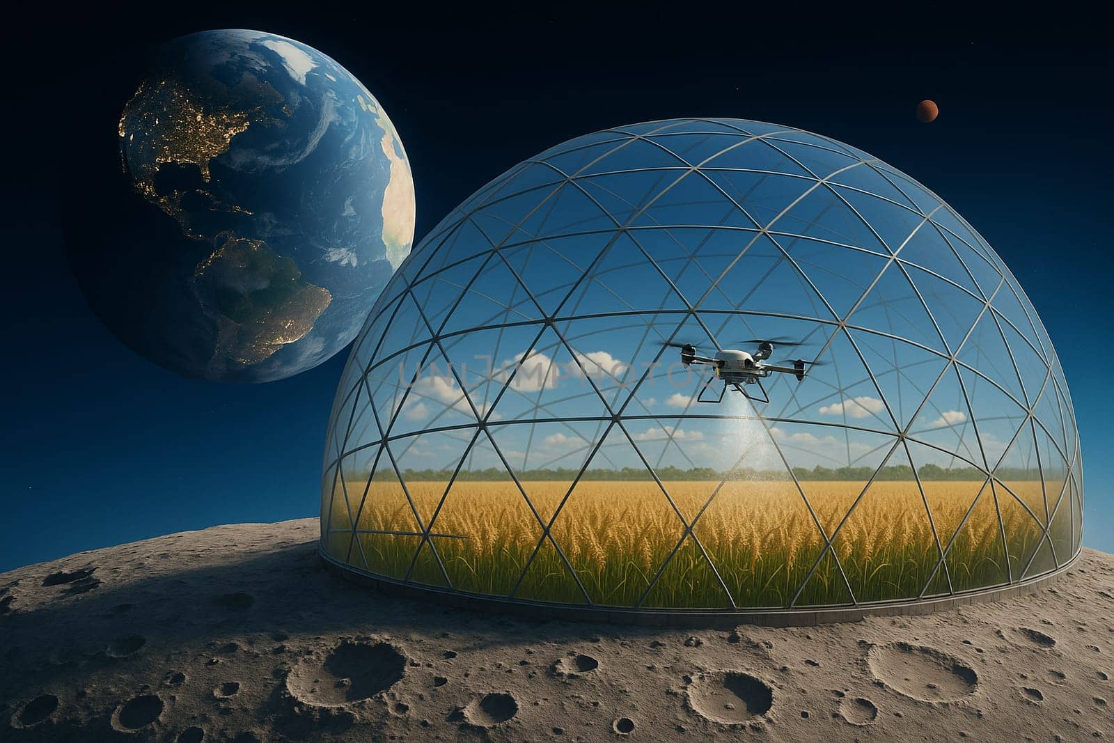 AI generated futuristic space agriculture in a large glass dome on the moon or other planets showing advanced farming of crops and livestock solving Earths environmental and food resource problems