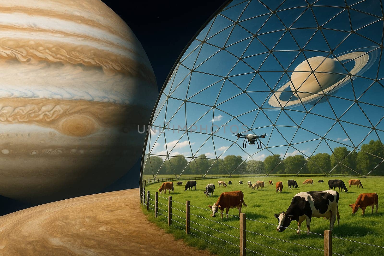 AI generated futuristic space agriculture in a large glass dome on the moon or other planets showing advanced farming of crops and livestock solving Earths environmental and food resource problems