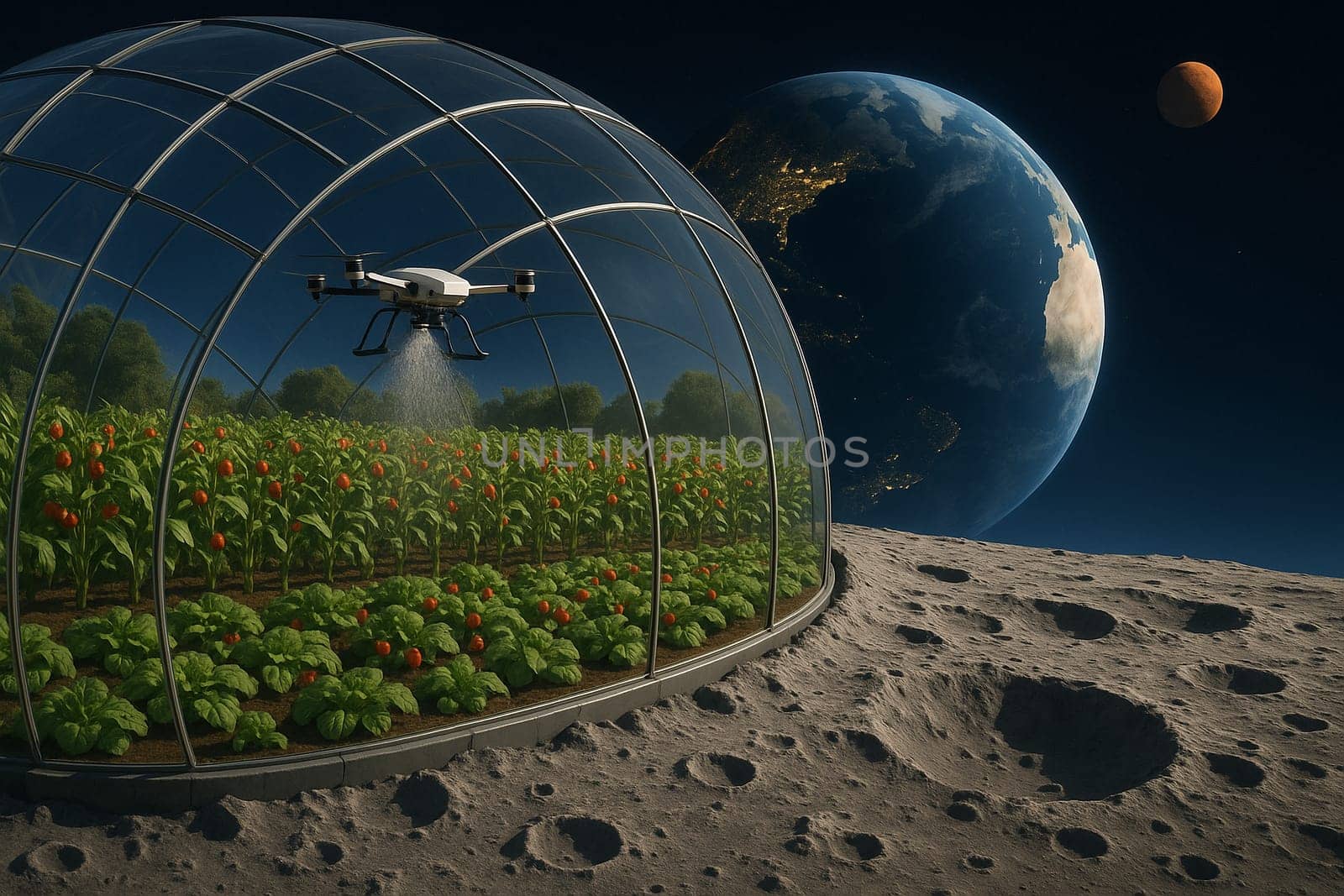 AI generated futuristic space agriculture in a large glass dome on the moon or other planets showing advanced farming of crops and livestock solving Earths environmental and food resource problems