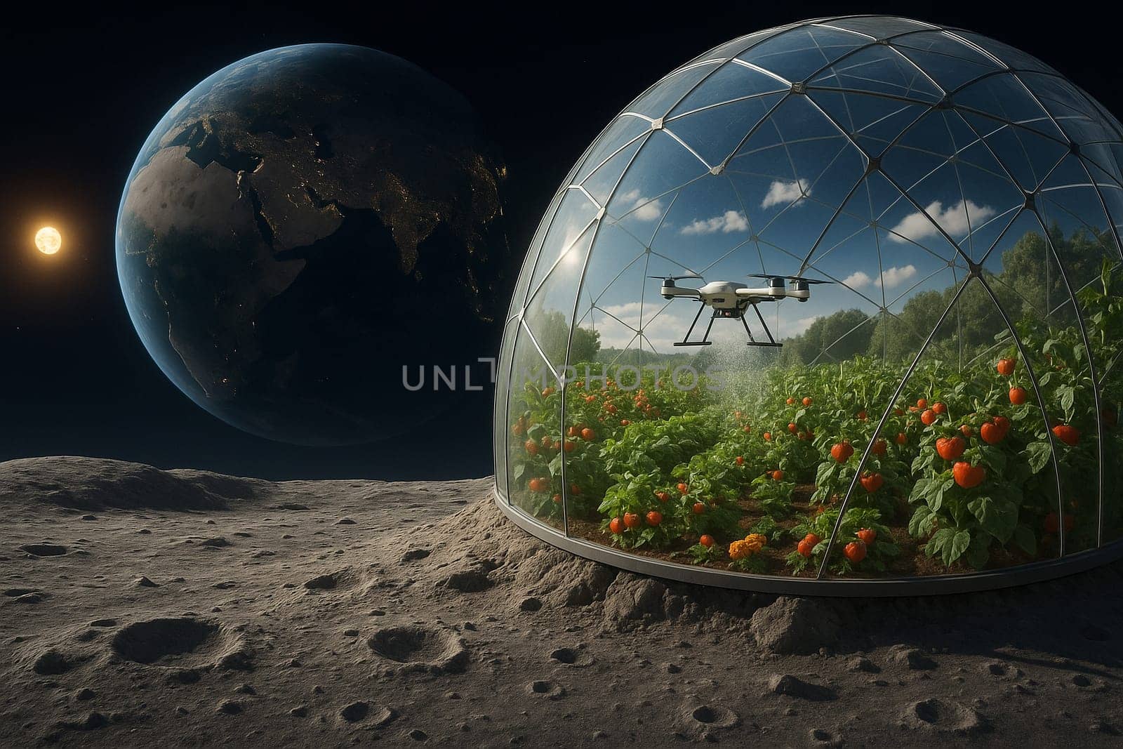 AI generated futuristic space agriculture in a large glass dome on the moon or other planets showing advanced farming of crops and livestock solving Earths environmental and food resource problems