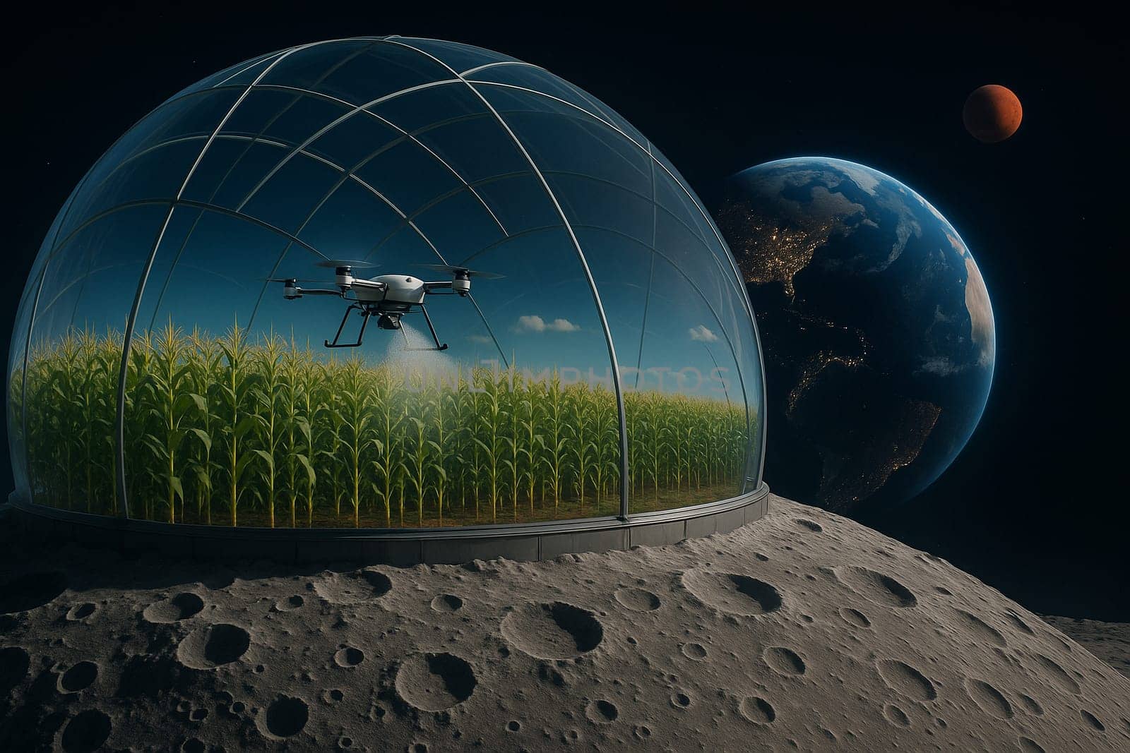 AI generated futuristic space agriculture in a large glass dome on the moon or other planets showing advanced farming of crops and livestock solving Earths environmental and food resource problems