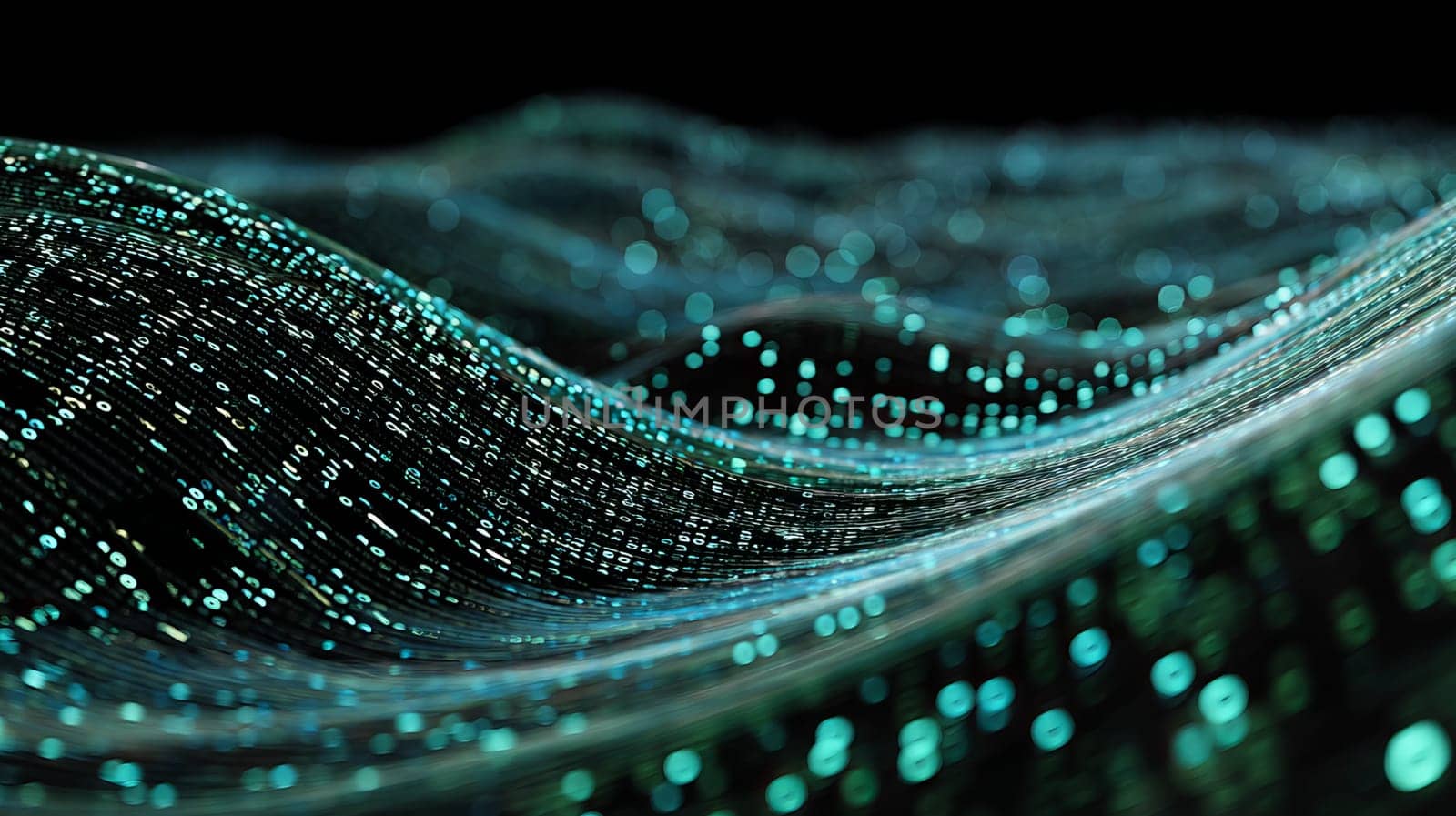 Abstract gradient particle waves seamlessly flowing with soft purple light and bokeh. Orange and blue digital waves. Technology, engineering, science, and artificial intelligence background.
