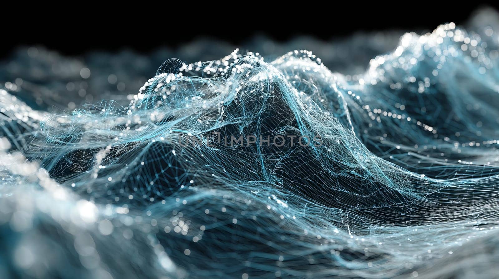 Abstract gradient particle waves seamlessly flowing with soft purple light and bokeh. Orange and blue digital waves. Technology, engineering, science, and artificial intelligence background.