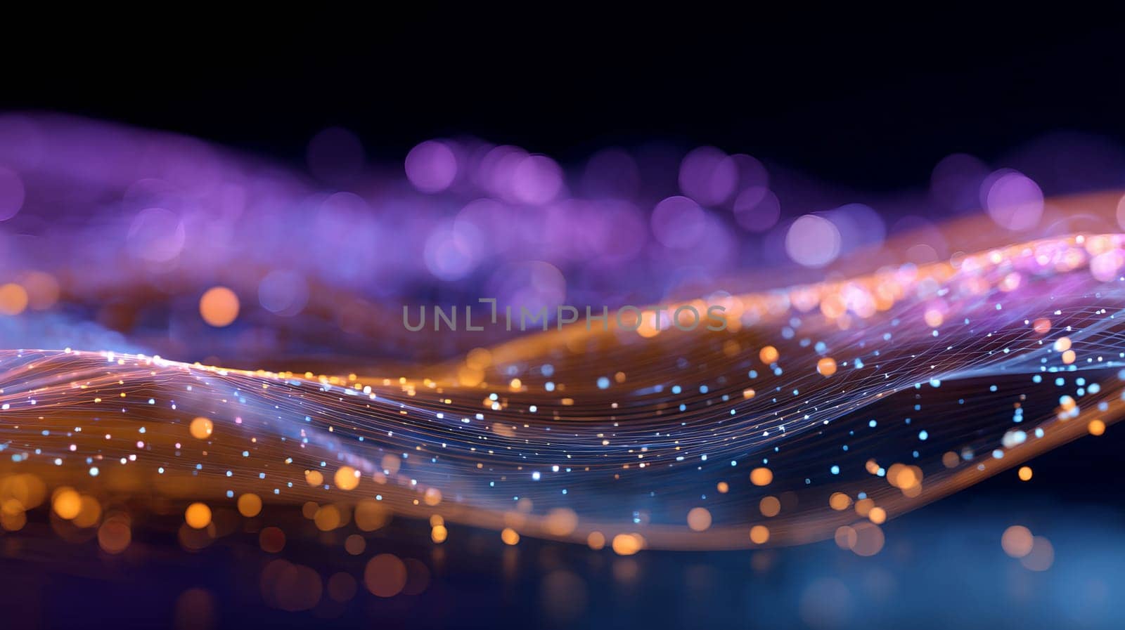 Abstract gradient particle waves seamlessly flowing with soft purple light and bokeh. Orange and blue digital waves. Technology, engineering, science, and artificial intelligence background.