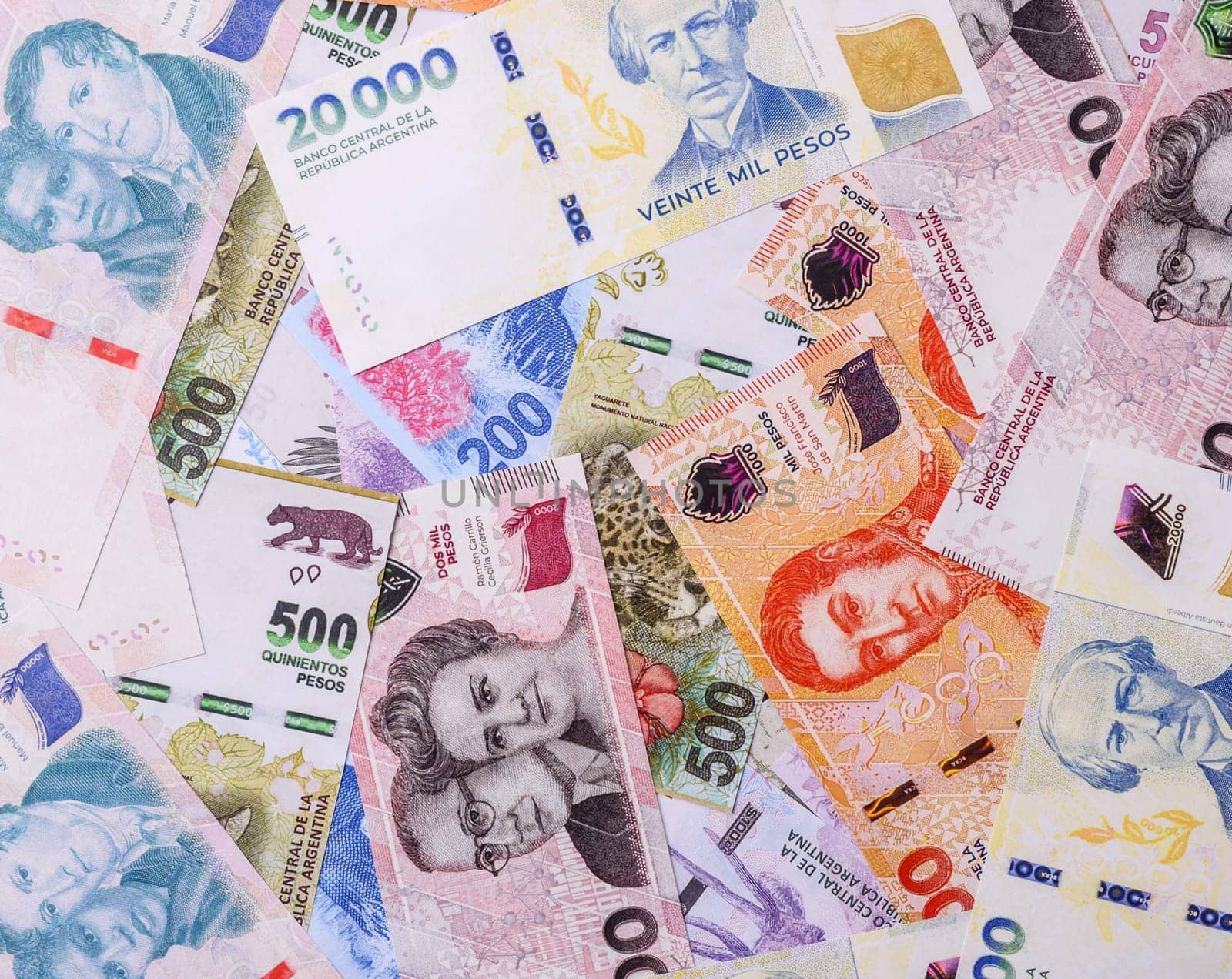 Background of Argentine peso paper money, notes with different denominations. Doing business, conceptual background