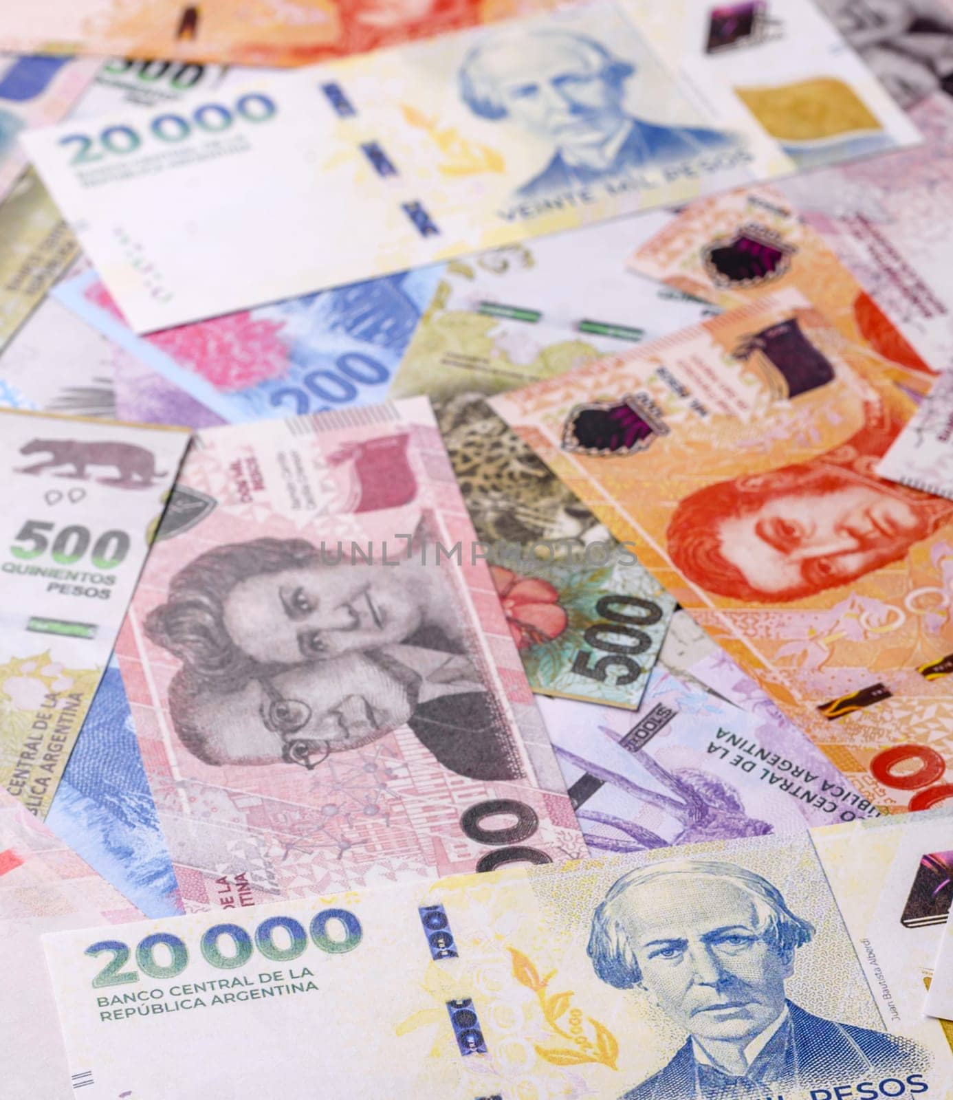 Background of Argentine peso paper money, notes with different denominations. Doing business, conceptual background