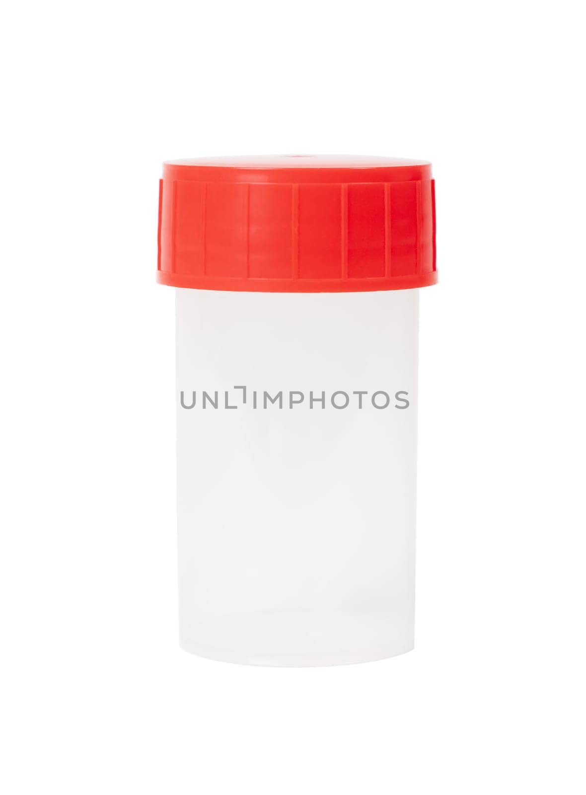 small clear plastic container with red ribbed lid isolated on transparent background ideal for collecting samples in sterile conditions,