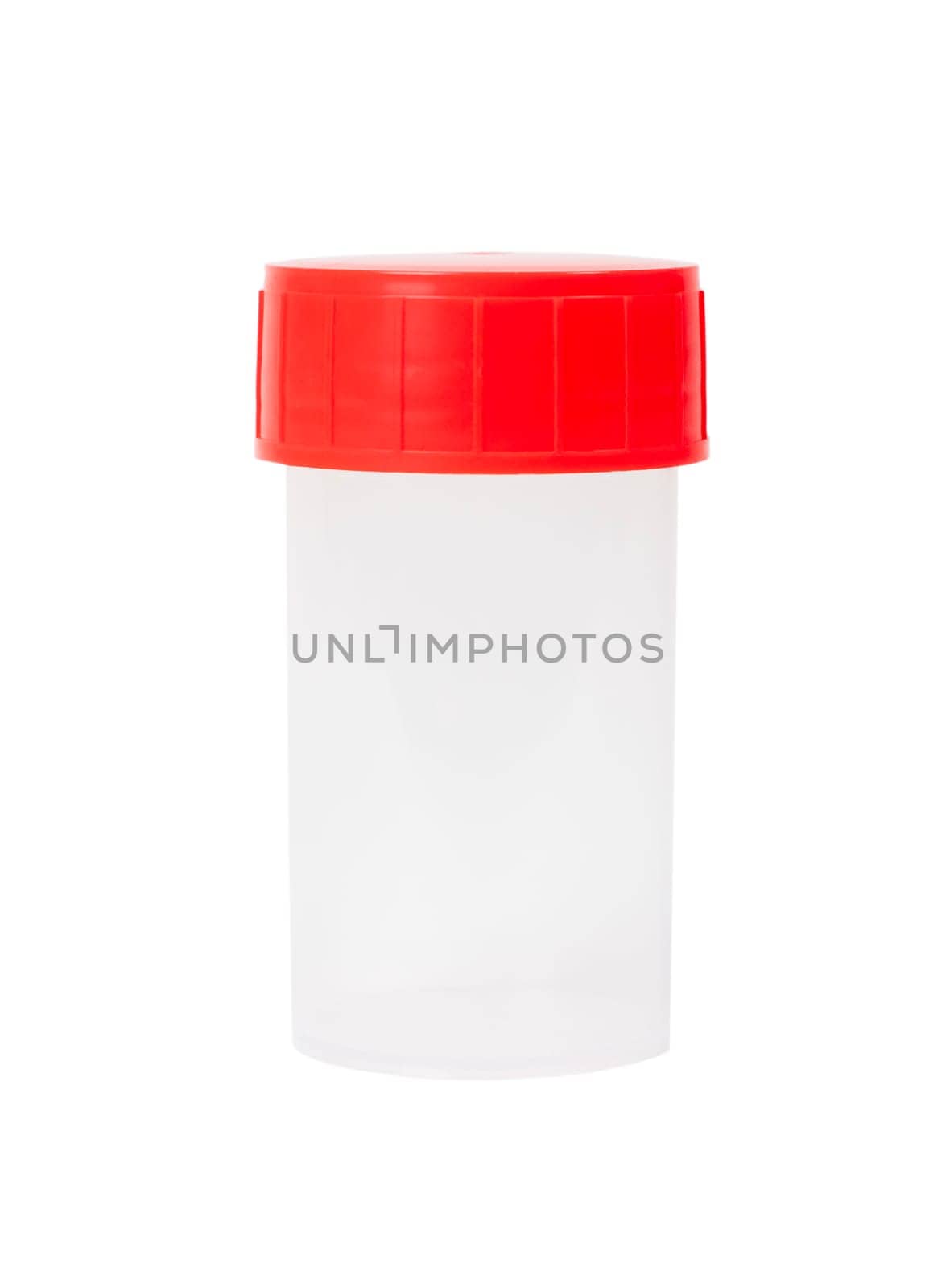 small clear plastic container with red ribbed lid isolated on white background ideal for collecting samples in sterile conditions,